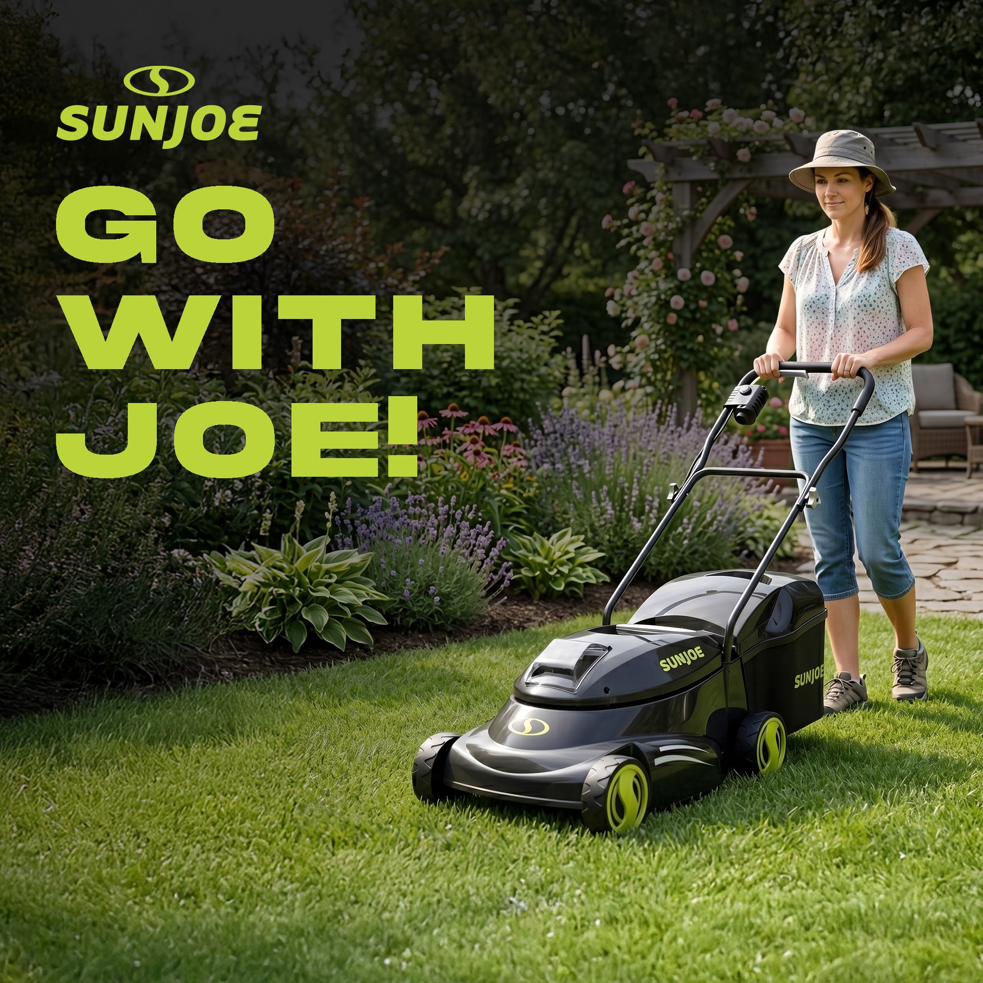 Sun Joe 28V Cordless Electric 14 Inch Push Behind Lawn Grass Mower, Green (Used)