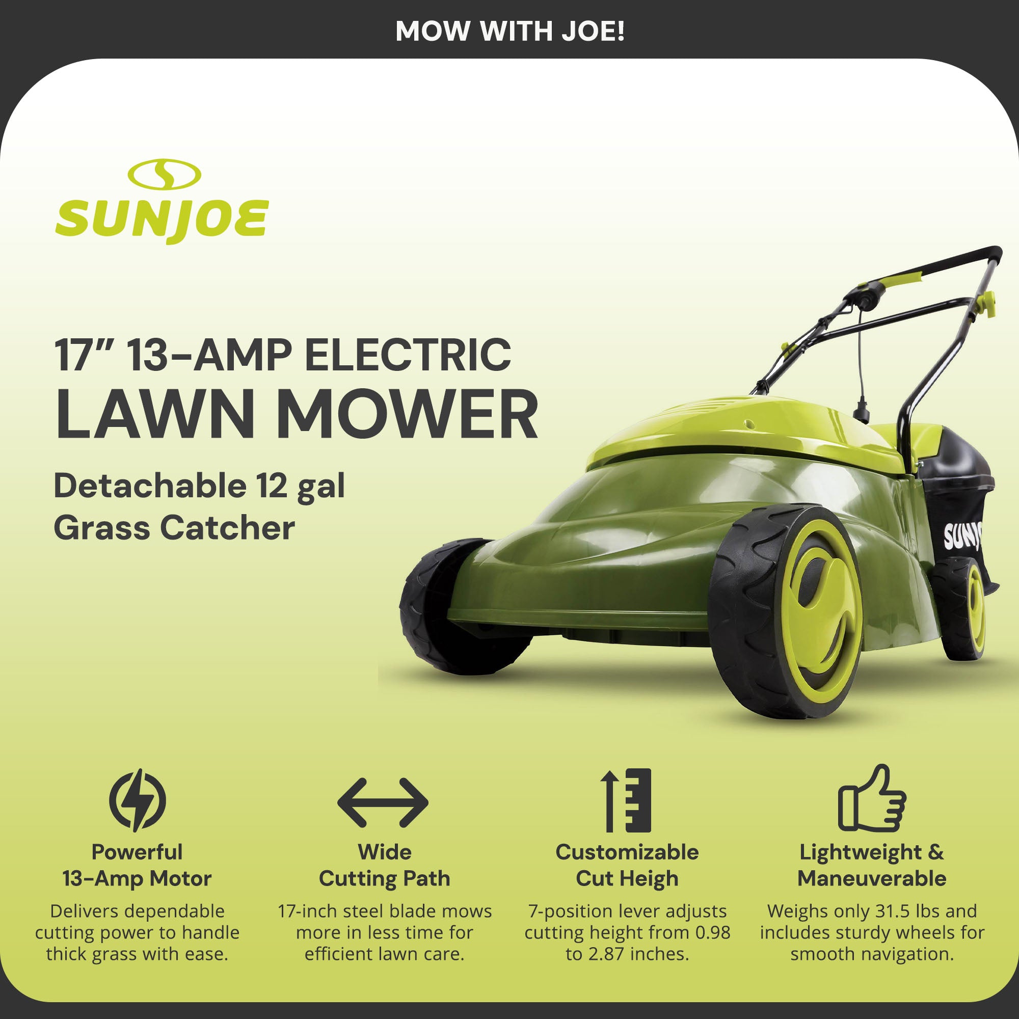 Sun Joe 17" 13 Amp Electric Corded Push Lawn Mower and Mulcher, Green (Open Box) - VMInnovations