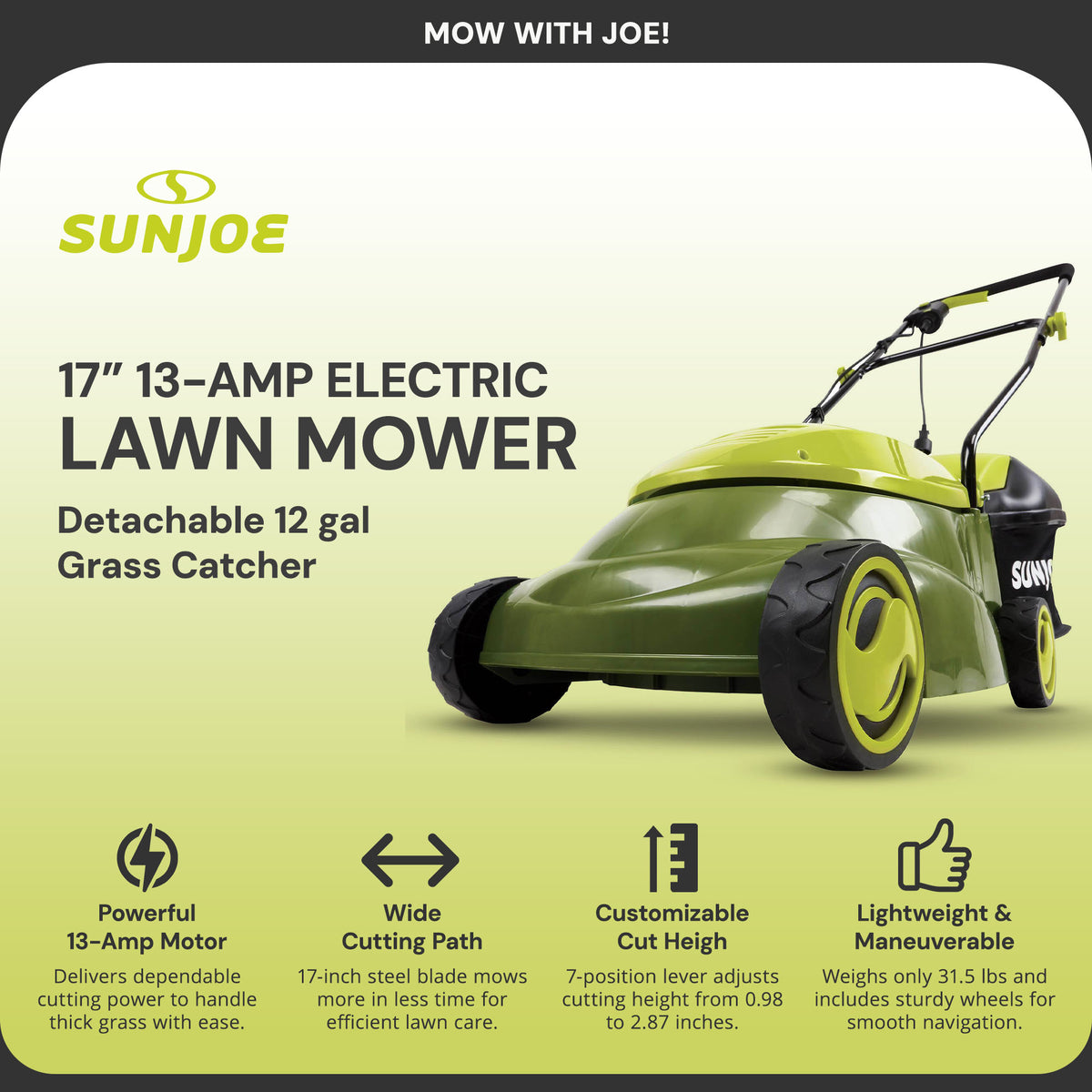 Sun Joe MJ403E 17" 13 Amp Electric Push Lawn Mower and Mulcher, Green