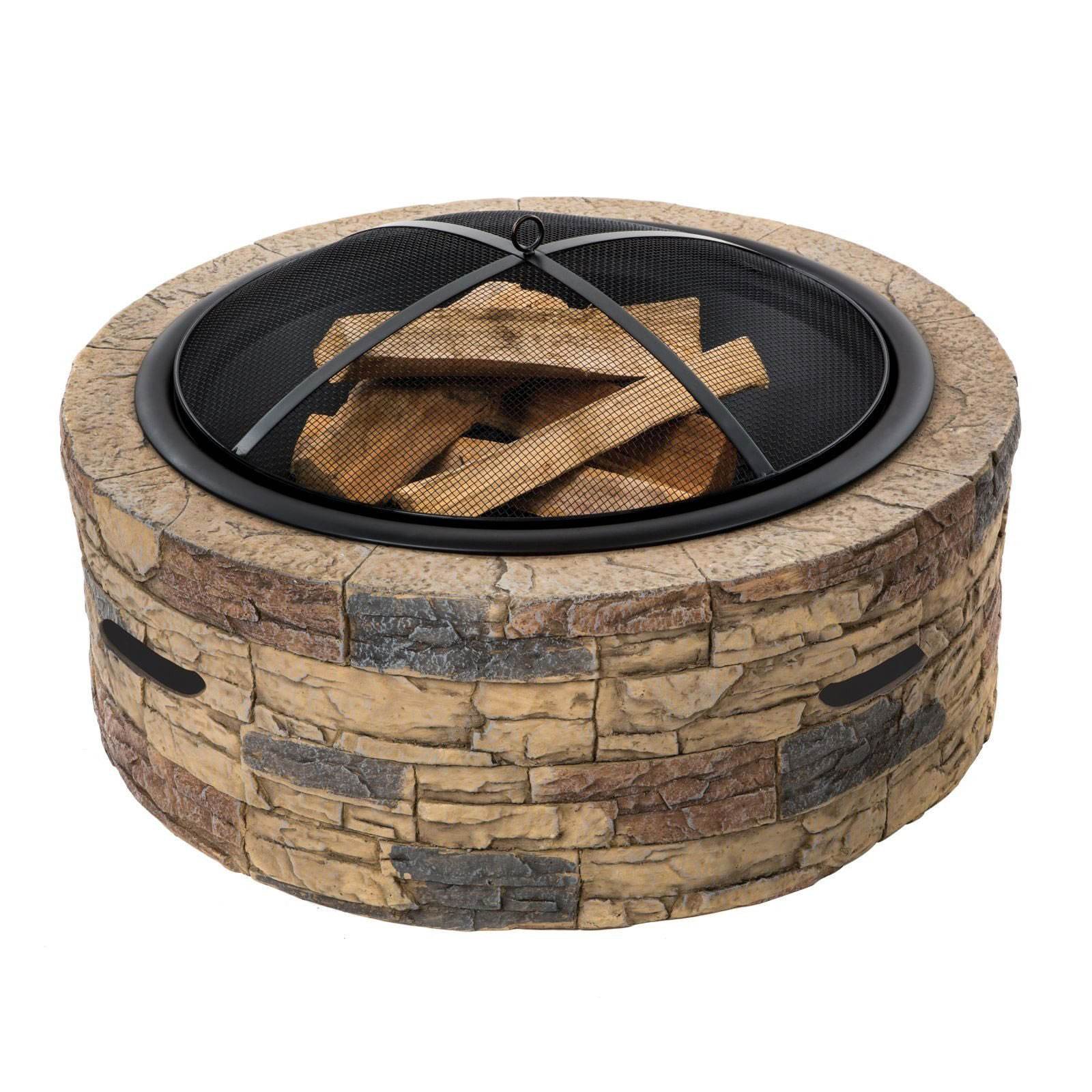Sun Joe SJFP35-STN 35 Inch Outdoor Cast Stone Fire Pit w/ Screen, Natural Stone