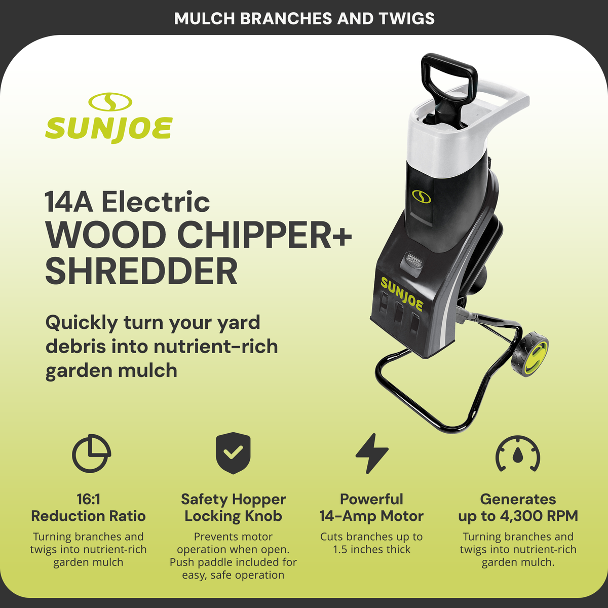 Sun Joe CJ601E Electric Garden Wood Leaf Waste Chipper Shredder Mulcher, Green - VMInnovations