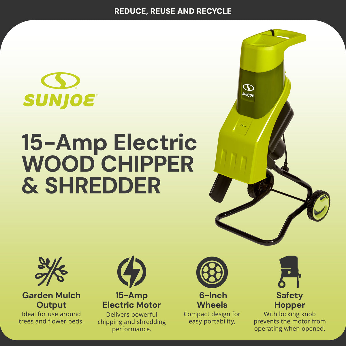 Sun Joe CJ602E Electric Garden Wood Leaf Waste Chipper Shredder Mulcher, Green - VMInnovations