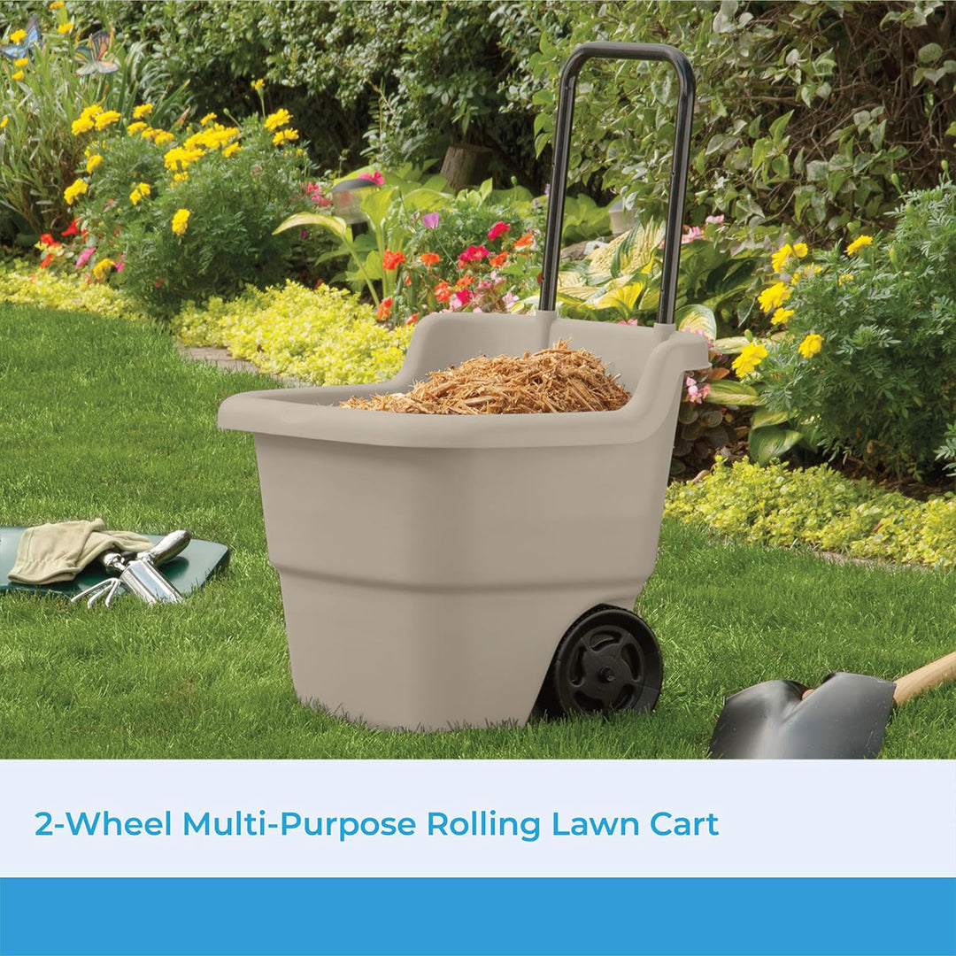 Suncast LC1250D 15 Gallon Poly Multipurpose Rolling Lawn and Garden Cart, Taupe - VMInnovations