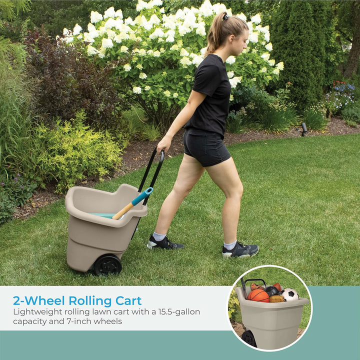 Suncast LC1250D 15 Gallon Poly Multipurpose Rolling Lawn and Garden Cart, Taupe - VMInnovations