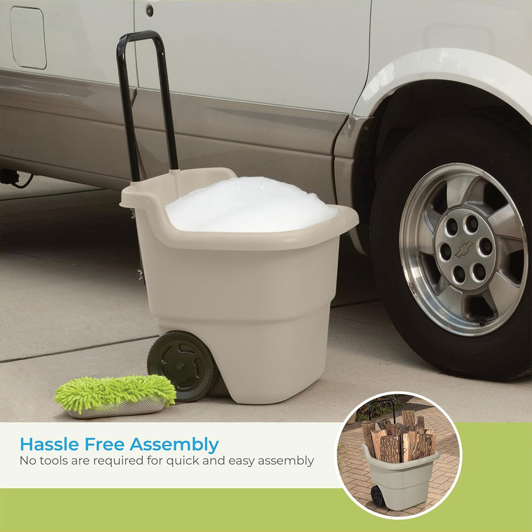 Suncast LC1250D 15 Gallon Poly Multipurpose Rolling Lawn and Garden Cart, Taupe - VMInnovations