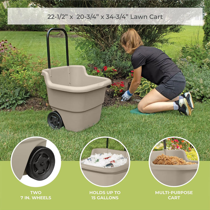 Suncast LC1250D 15 Gallon Poly Multipurpose Rolling Lawn and Garden Cart, Taupe - VMInnovations