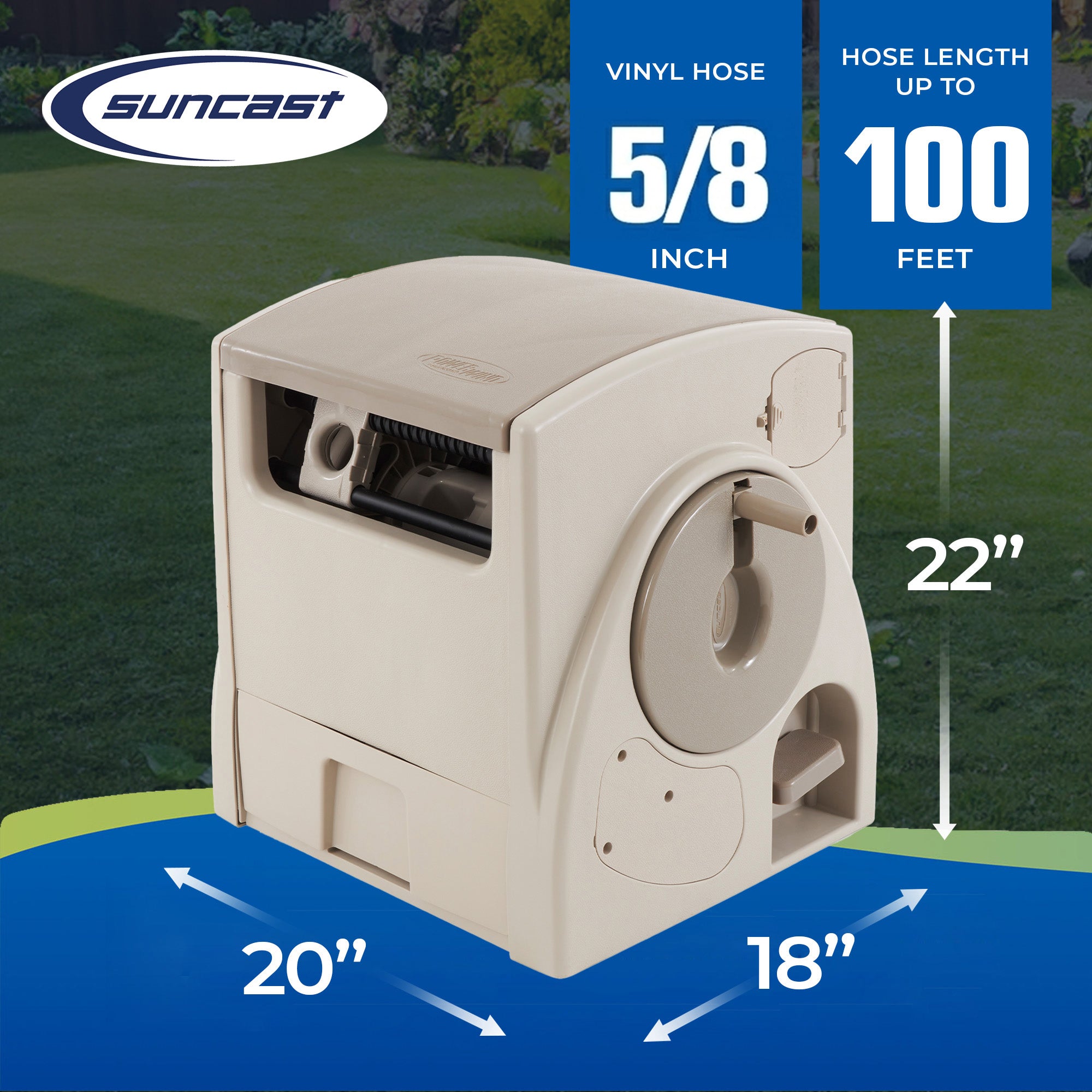 Suncast 100 Foot Powerwind Automatic Rewind Hose Reel, Light Taupe (Open Box) - VMInnovations
