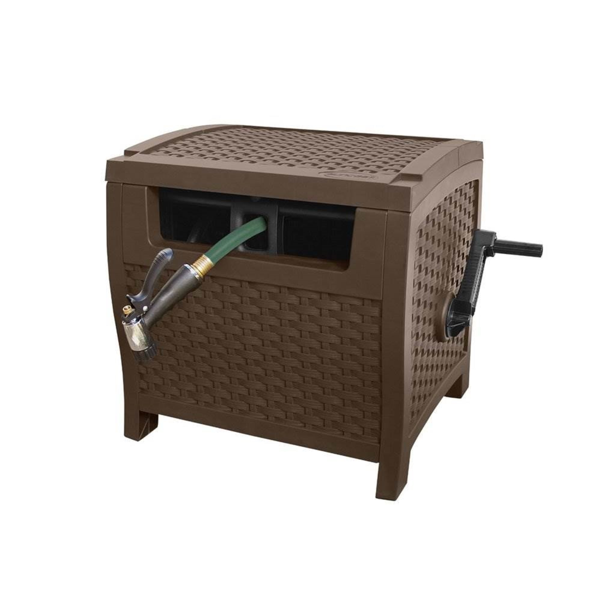 Suncast 175 Foot Durable Slide Trak Manual Hose Reel Shelter Cart, Mocha Brown