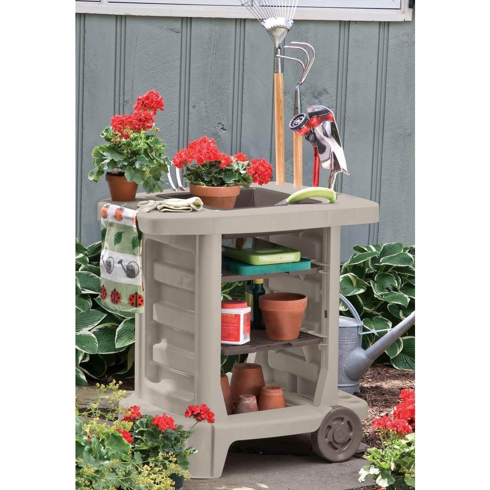 Suncast Portable Outdoor Garden Center Station Tool Cart, Light Taupe (Open Box)