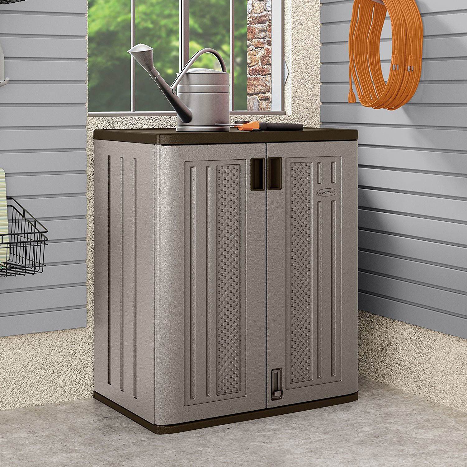 Suncast 9 Cu Ft Heavy Duty Resin Garage Base Storage Cabinet, Platinum (Used)