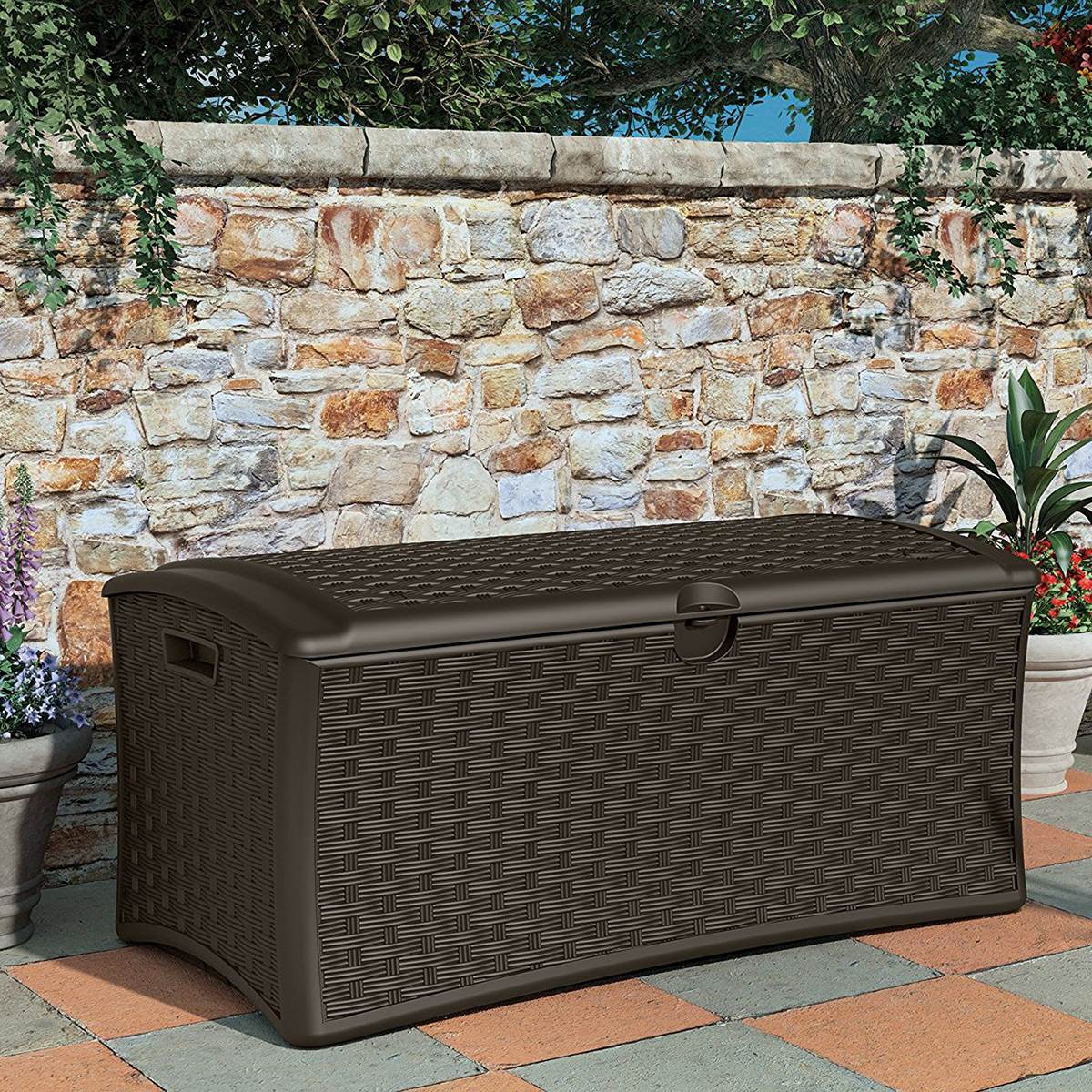 Suncast 72 Gallon Capacity Resin Wicker Patio Storage Deck Box, Brown (Open Box)