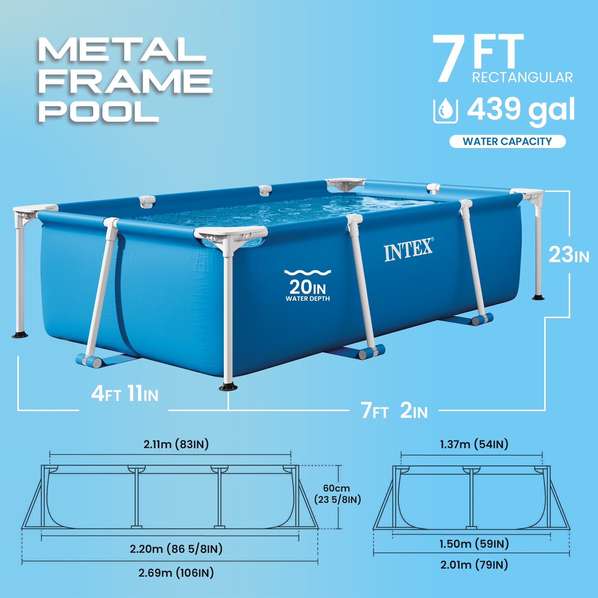 Intex 7.2' x 23" Rectangular Frame Above Ground Outdoor Splash Swimming Pool