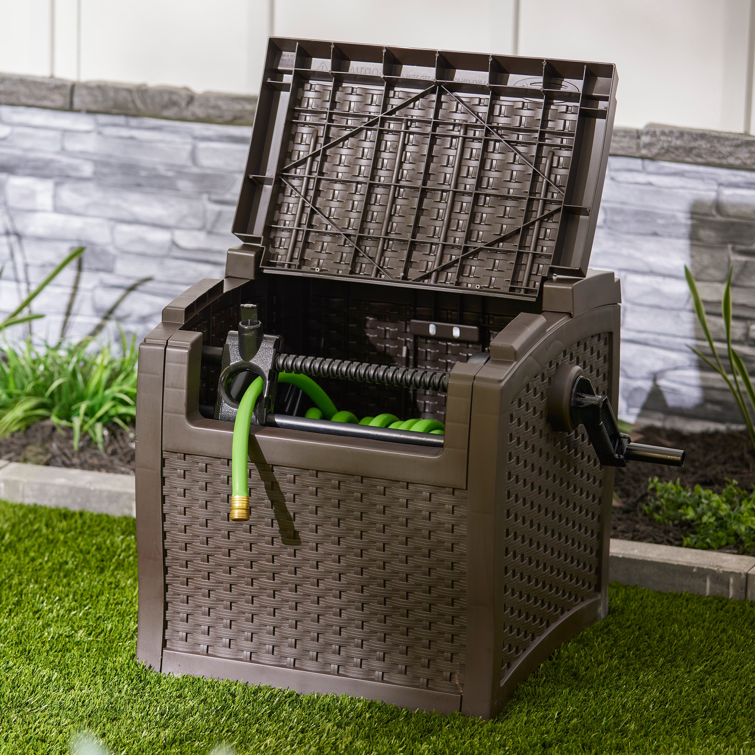 Suncast 225' Smart Track Resin Wicker Hose Reel Hideaway Storage (Open Box)
