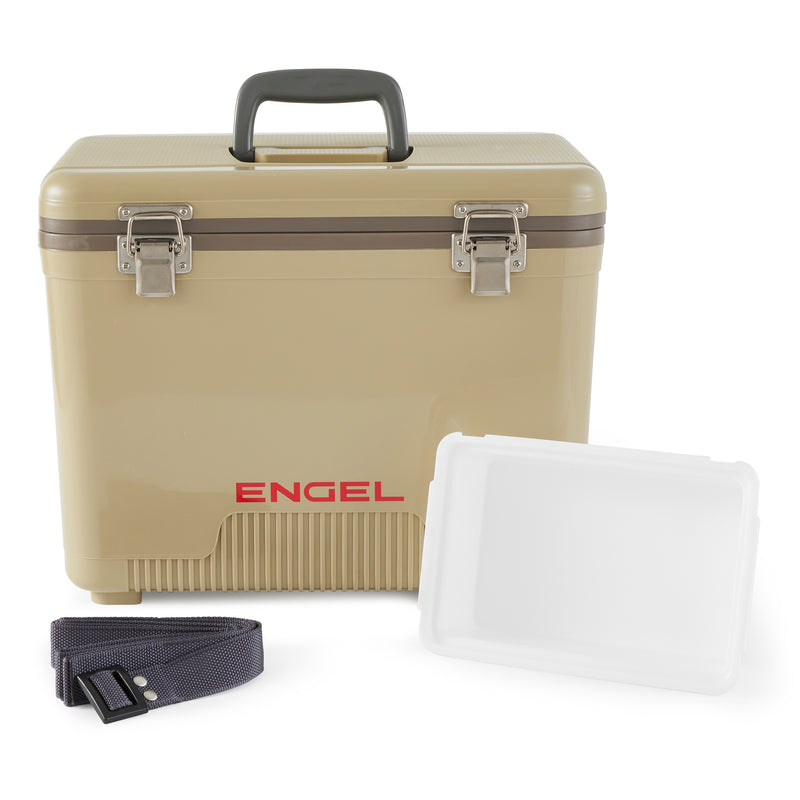 ENGEL 19 Quart Fishing Live Bait Dry Box Ice Cooler with Shoulder Strap, Tan