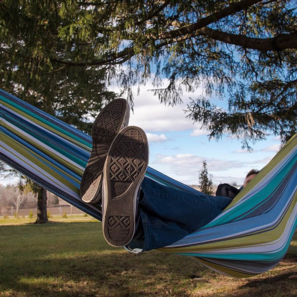 Vivere Brazilian Style Double Outdoor Cotton Hammock with Carry Bag, Cayo Reef - VMInnovations