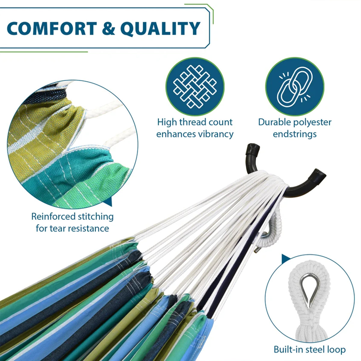 Vivere Double Cotton Combo Outdoor Patio Hammock with Stand, Cayo Reef(Open Box) - VMInnovations