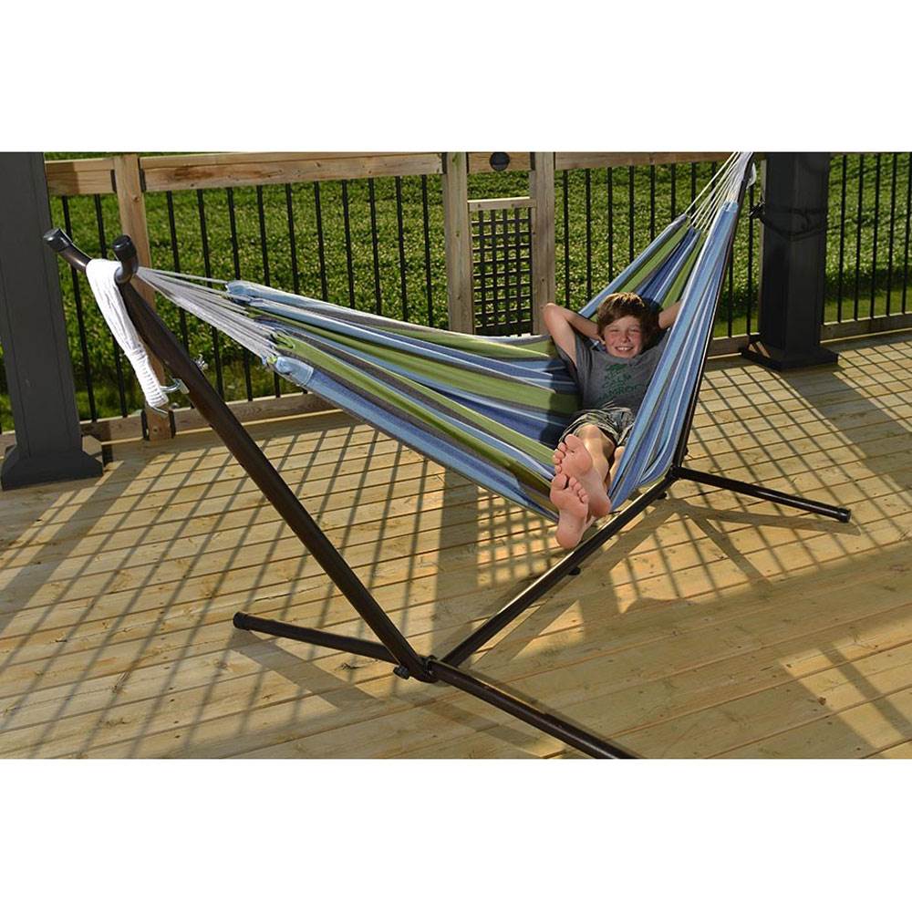 Vivere Double Cotton Combo Outdoor Patio Hammock with Stand, Cayo Reef(Open Box) - VMInnovations
