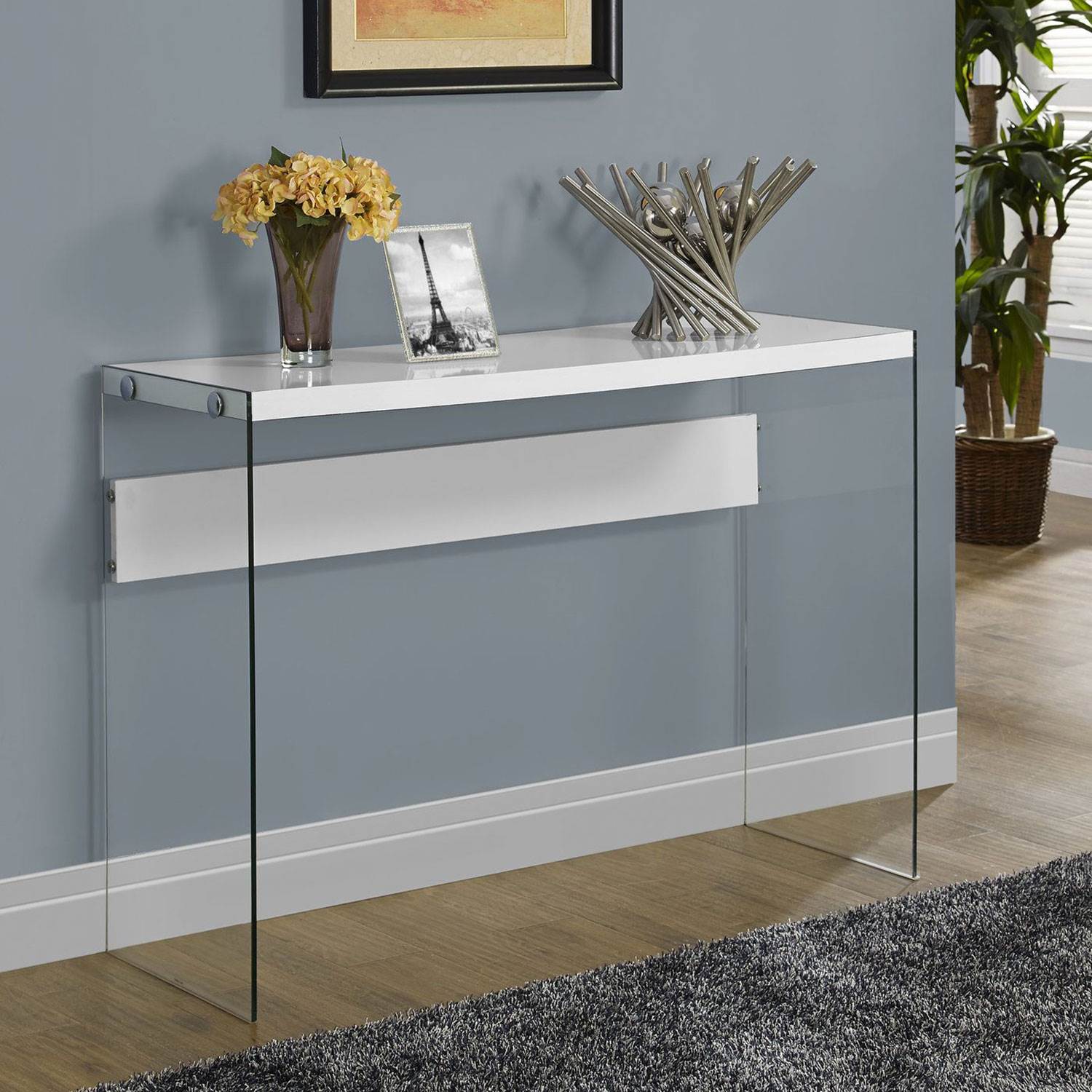 Monarch Specialties Contemporary Accent Console Table with Tempered Glass, White