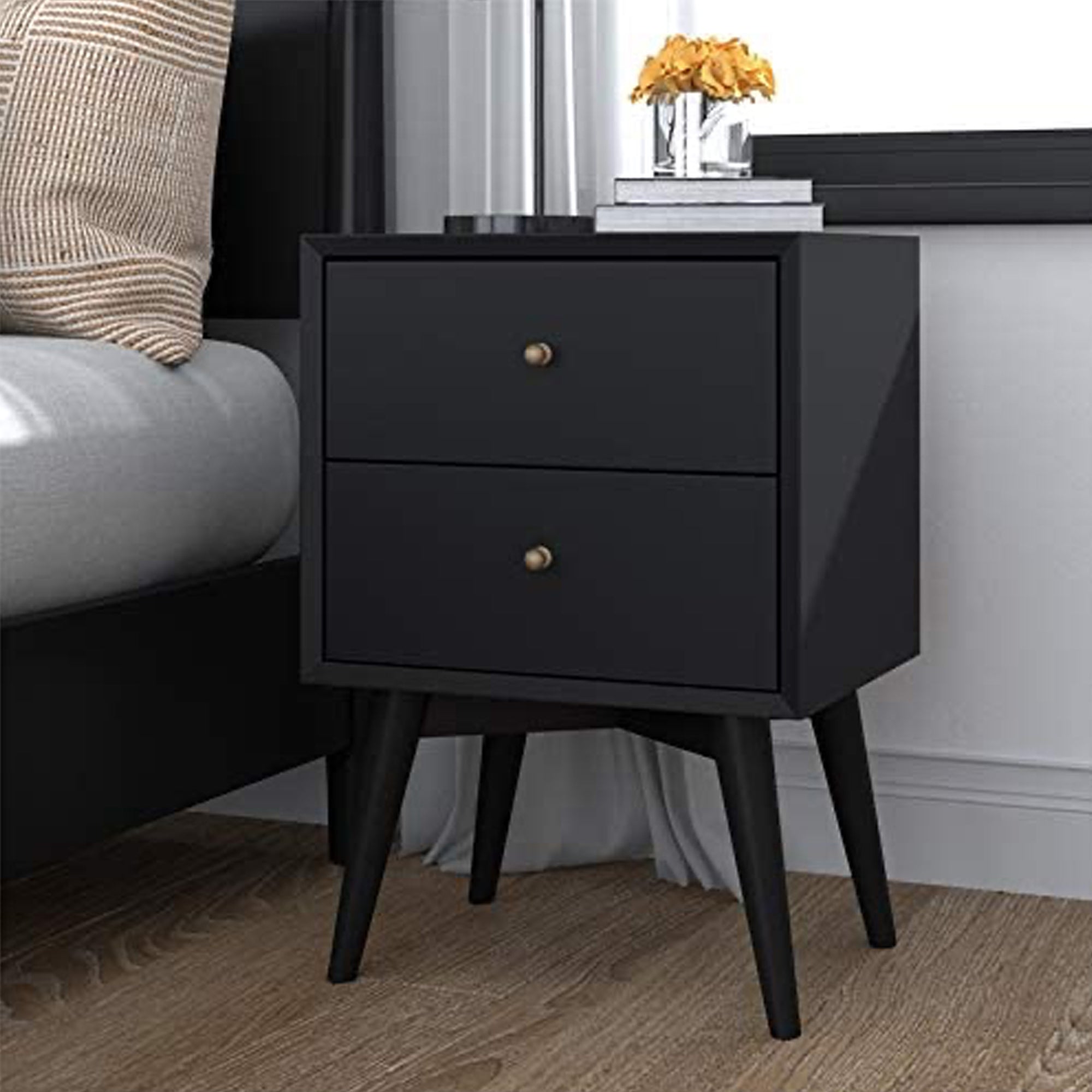 Alpine Furniture Mid Century Modern 2 Drawer Wood Nightstand, Black (Open Box)