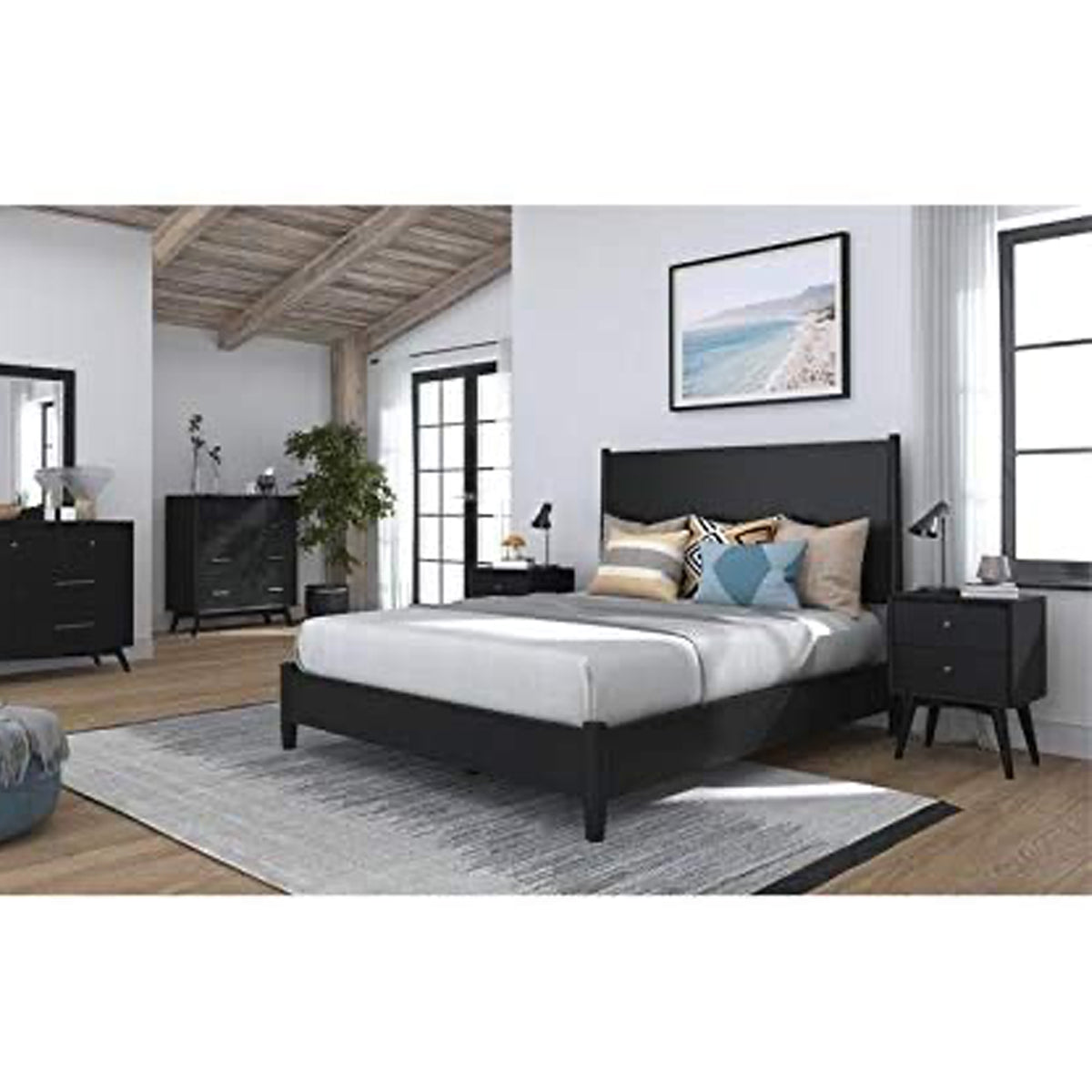 Alpine Furniture Mid Century Modern 2 Drawer Wood Nightstand, Black (Open Box)