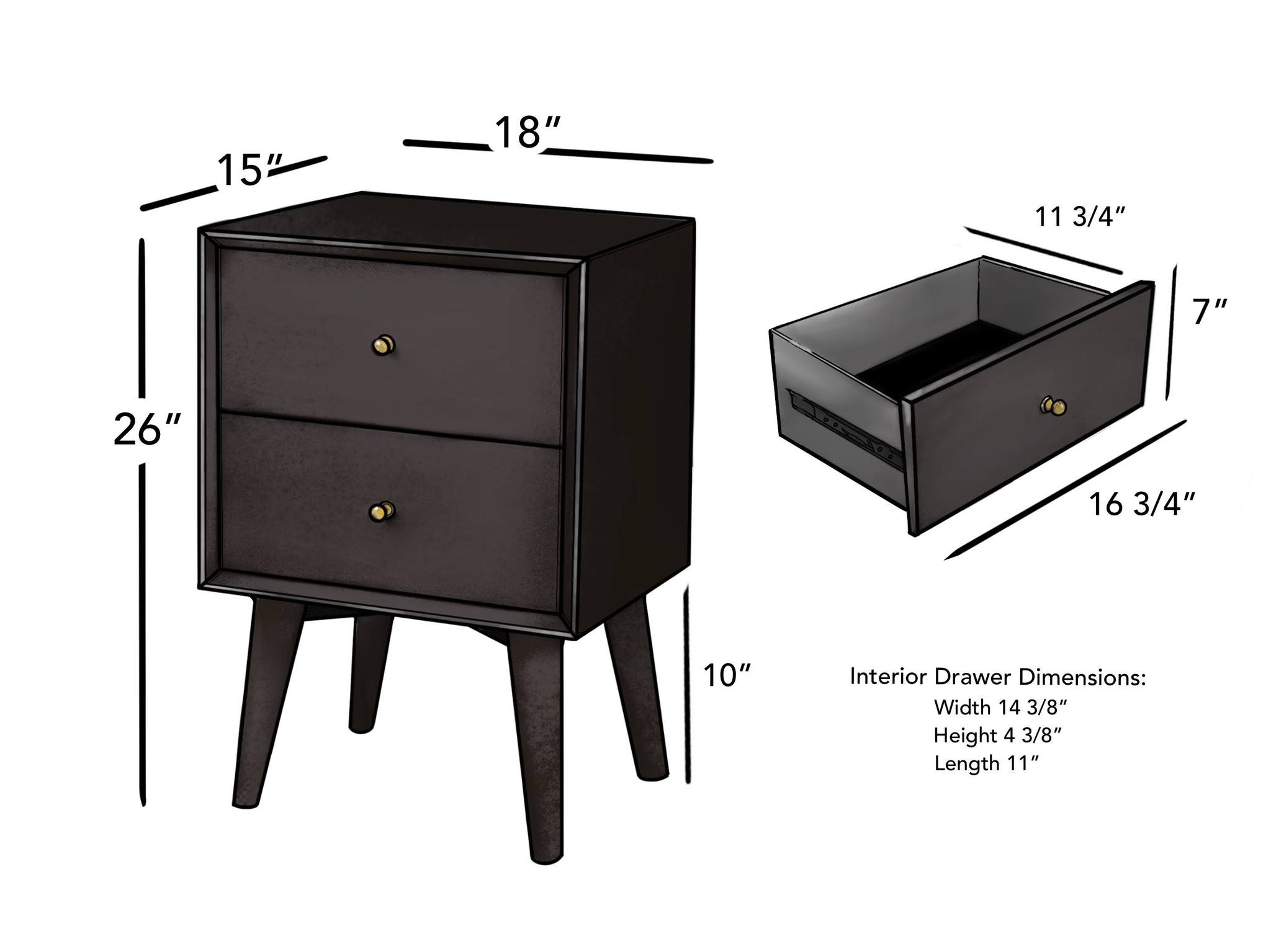 Alpine Furniture Mid Century Modern 2 Drawer Wood Nightstand, Black (Open Box)