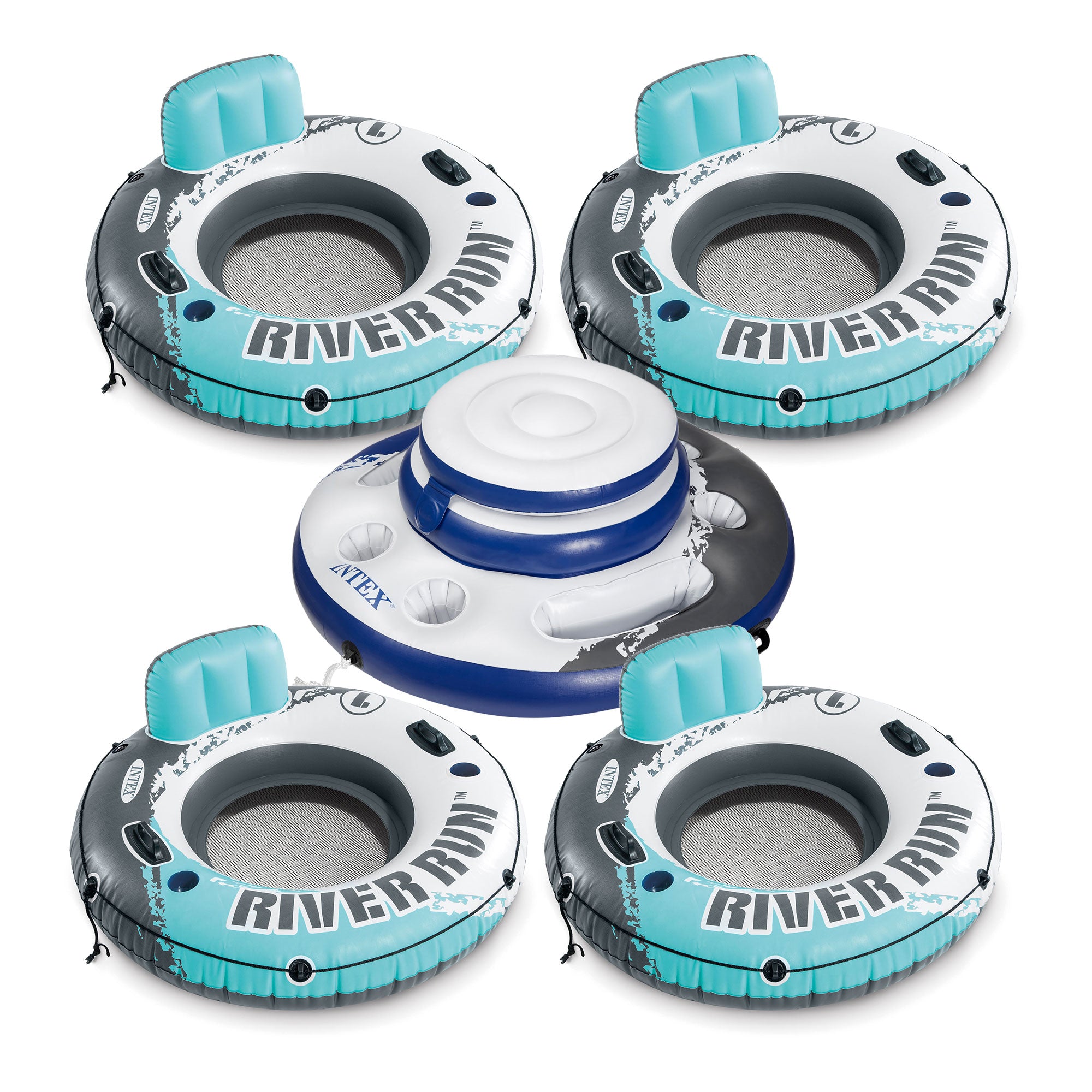 Intex River Run 1 53" Inflatable Floating Tube Raft (4 Pack) + Inflatable Cooler