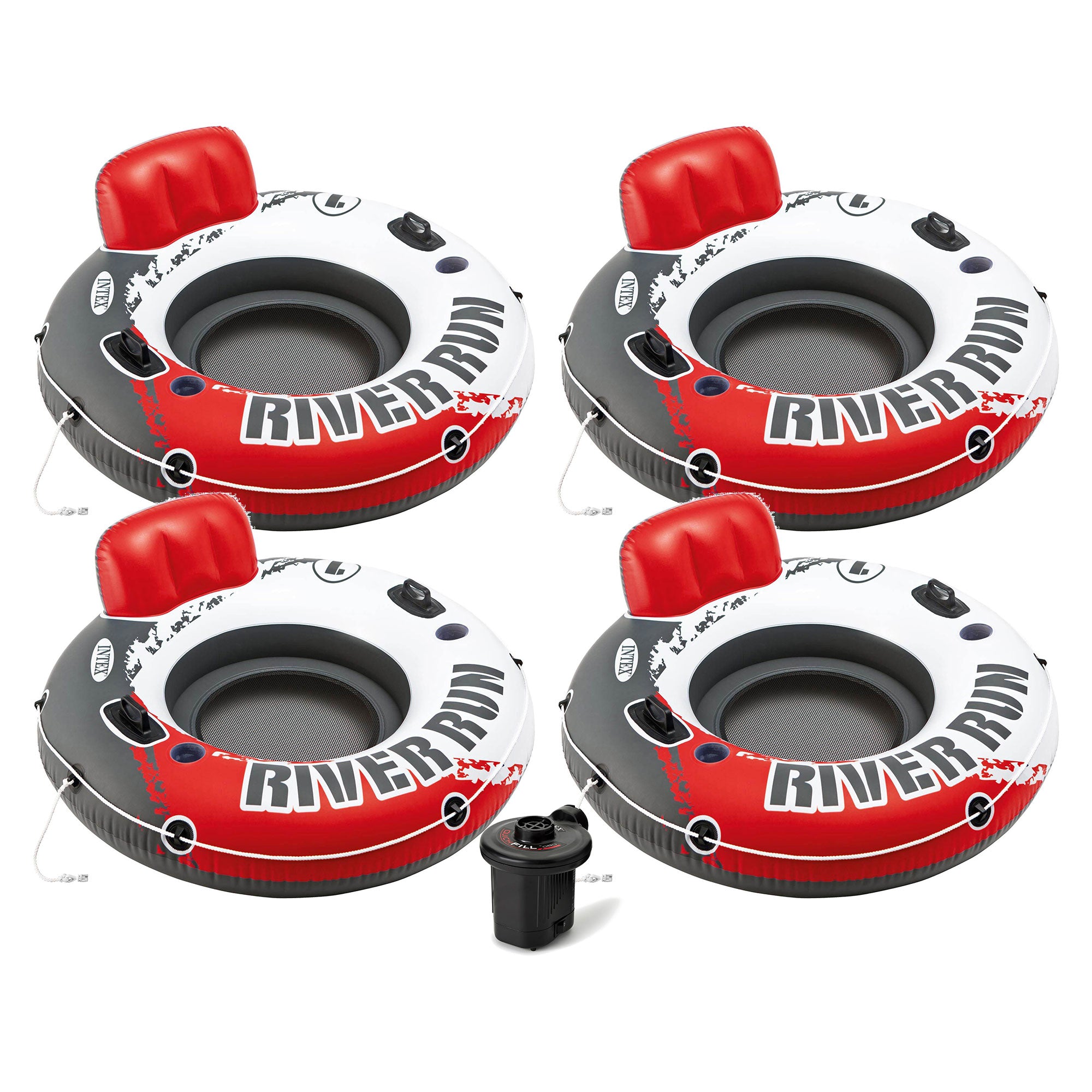 Intex River Run 1 53" Inflatable Floating Tube, Red (4 Pack) + Electric Air Pump