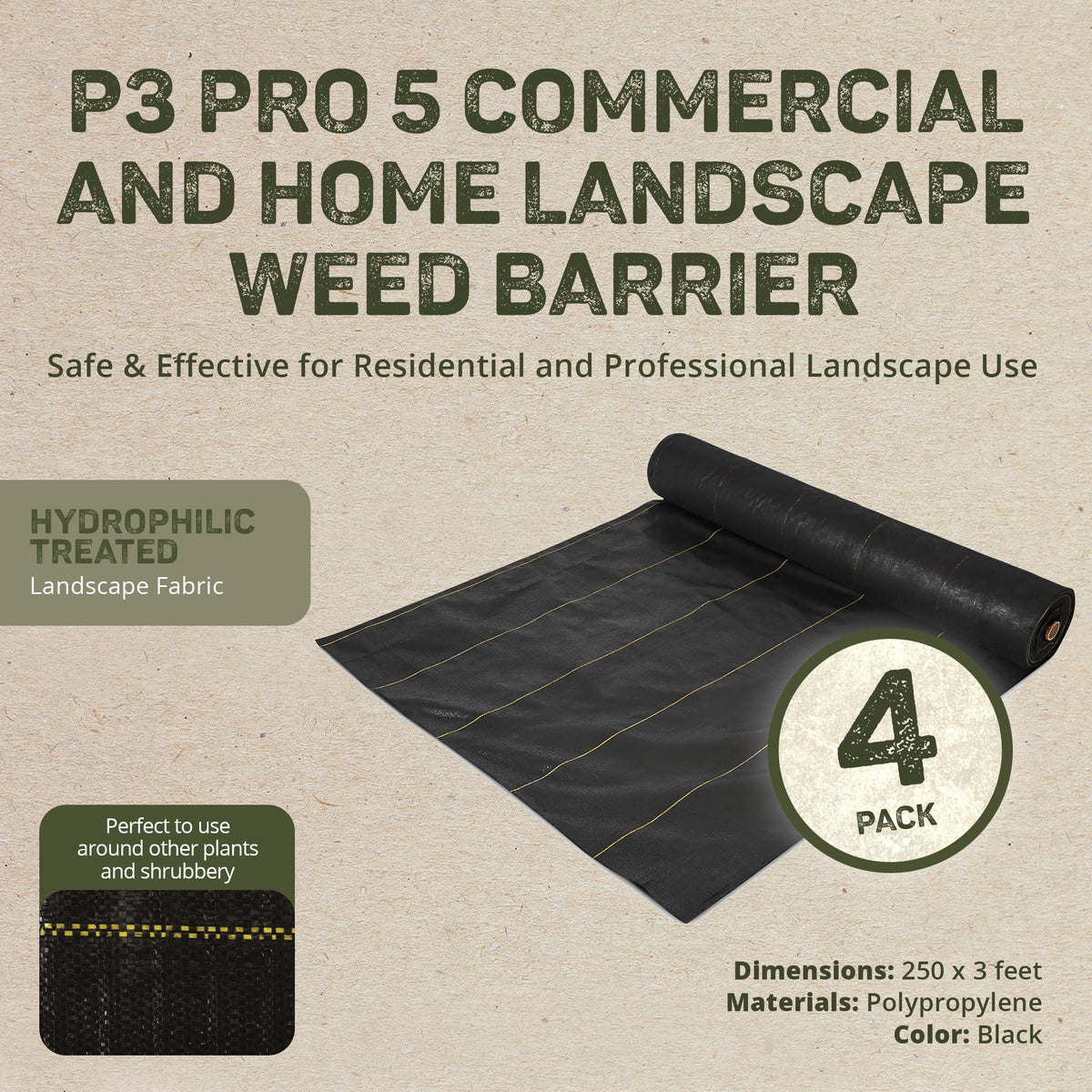 DeWitt P3 Pro 5 Commercial Landscape 5-Oz Weed Barrier Fabric, 3 x 250' (4 Pack)