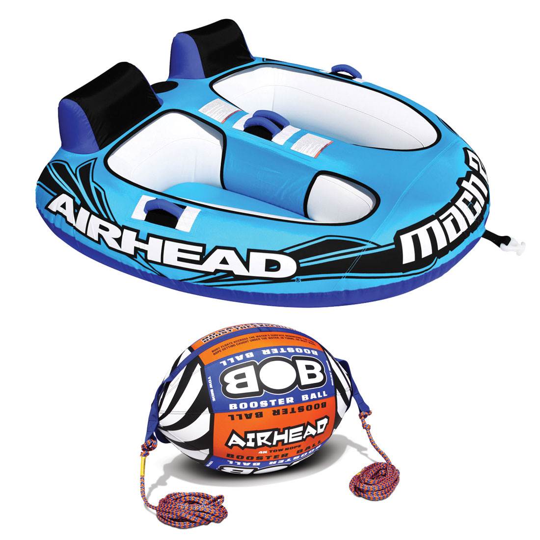 Airhead Mach 2 Inflatable 2 Rider Lake Water Towable Tube w/ Tow Rope Buoy Ball