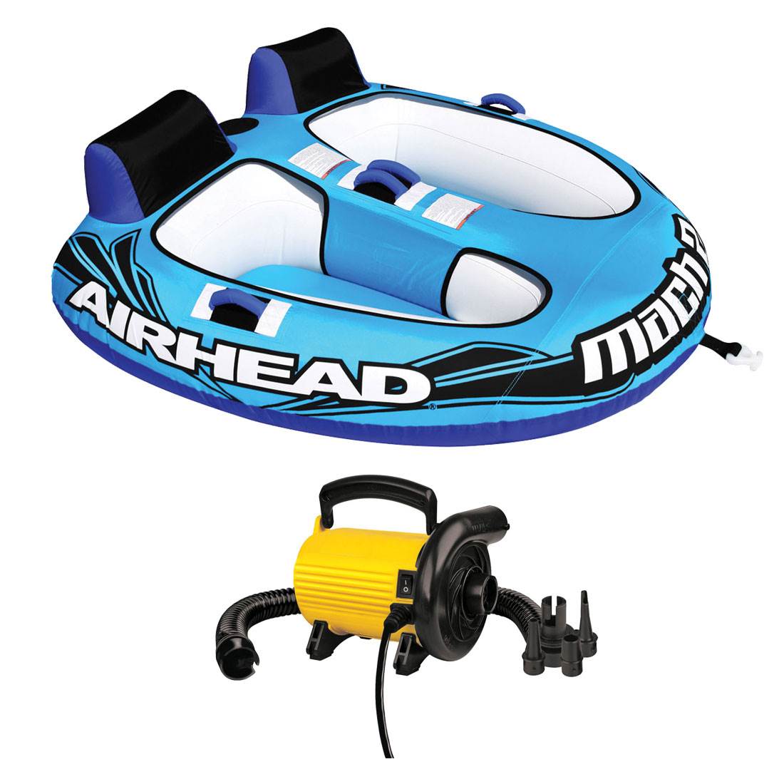 Airhead AHM2-2 Mach 2 Inflatable 2 Rider Water Towable Tube with Electric Pump
