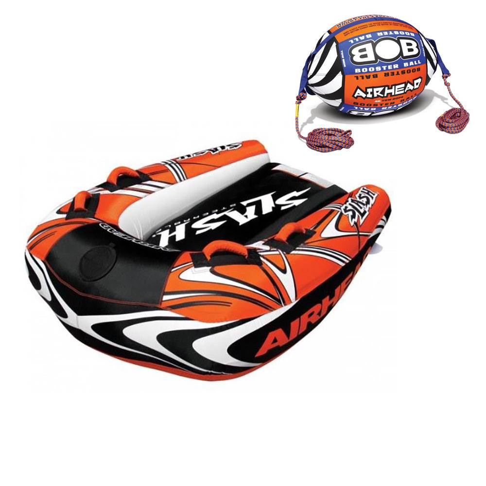 Airhead Slash II 2 Person Inflatable Tube + Bob Tow Rope Buoy Booster Ball