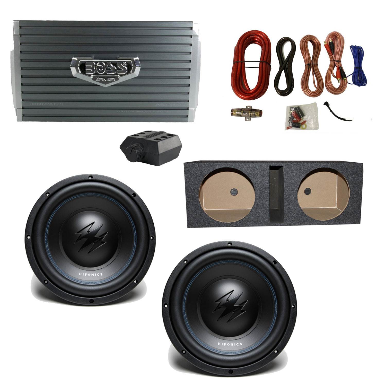 Hifonics 10" Subwoofer (2 Pack) + Boss Amp + Installation Kit + Enclosure