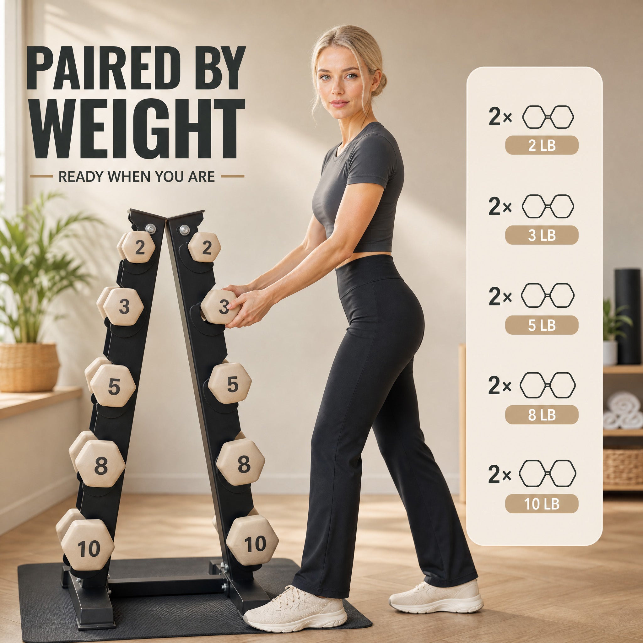 Aurorafy Neoprene Dumbbell Workout Set with Rack, 2, 3, 5, 8, & 10lbs, Beige