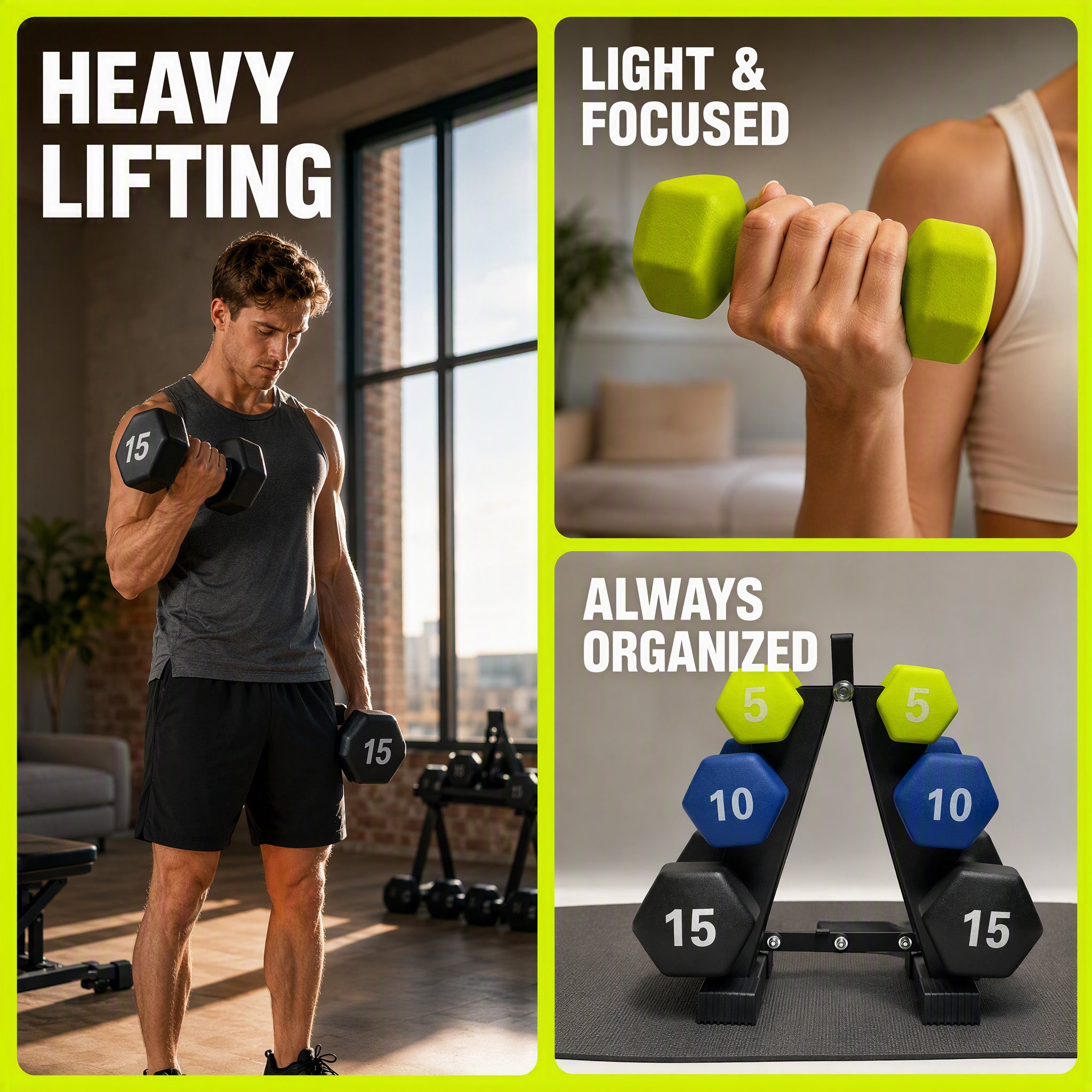 Aurorafy Neoprene Dumbbell Workout Set w/ Rack, 5lbs, 10lbs, & 15lbs, Multicolor
