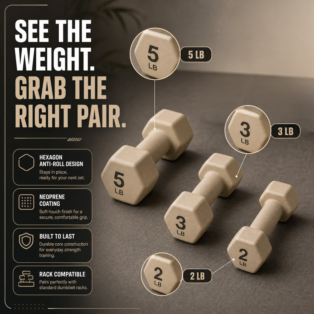 Aurorafy Neoprene Dumbbell Workout Set with Rack, 2 lbs, 3 lbs, & 5 lbs, Beige