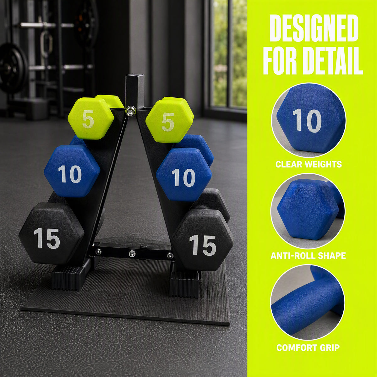Aurorafy Neoprene Dumbbell Workout Set w/ Rack, 5lbs, 10lbs, & 15lbs, Multicolor