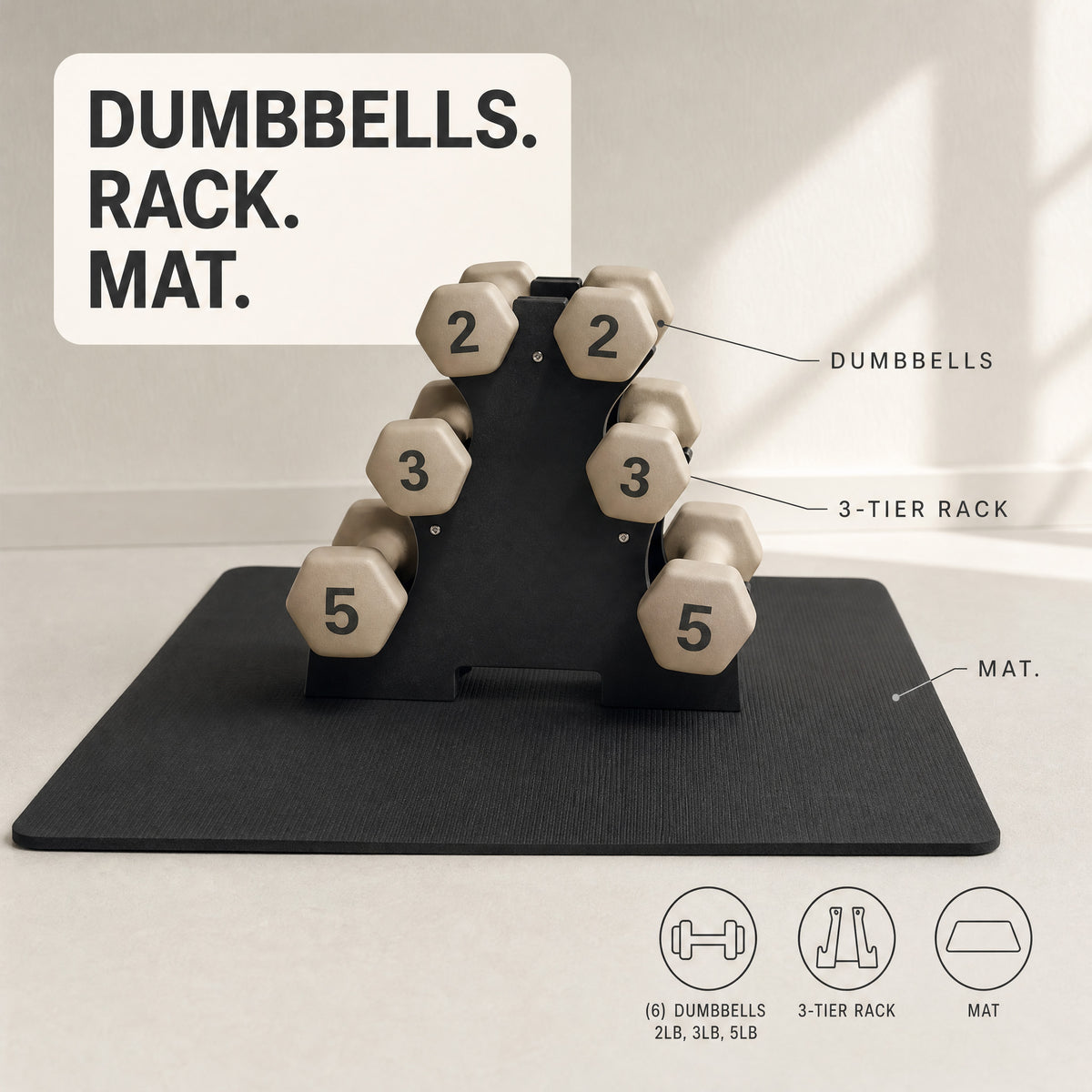 Aurorafy Neoprene Dumbbell Workout Set with Rack, 2 lbs, 3 lbs, & 5 lbs, Beige
