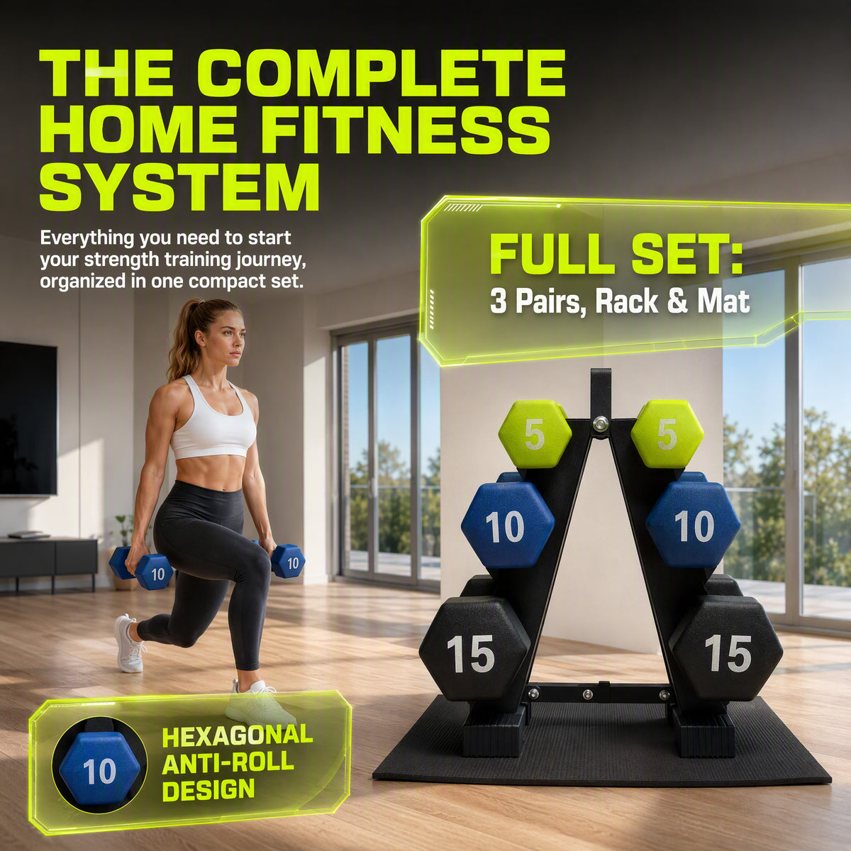 Aurorafy Neoprene Dumbbell Workout Set w/ Rack, 5lbs, 10lbs, & 15lbs, Multicolor