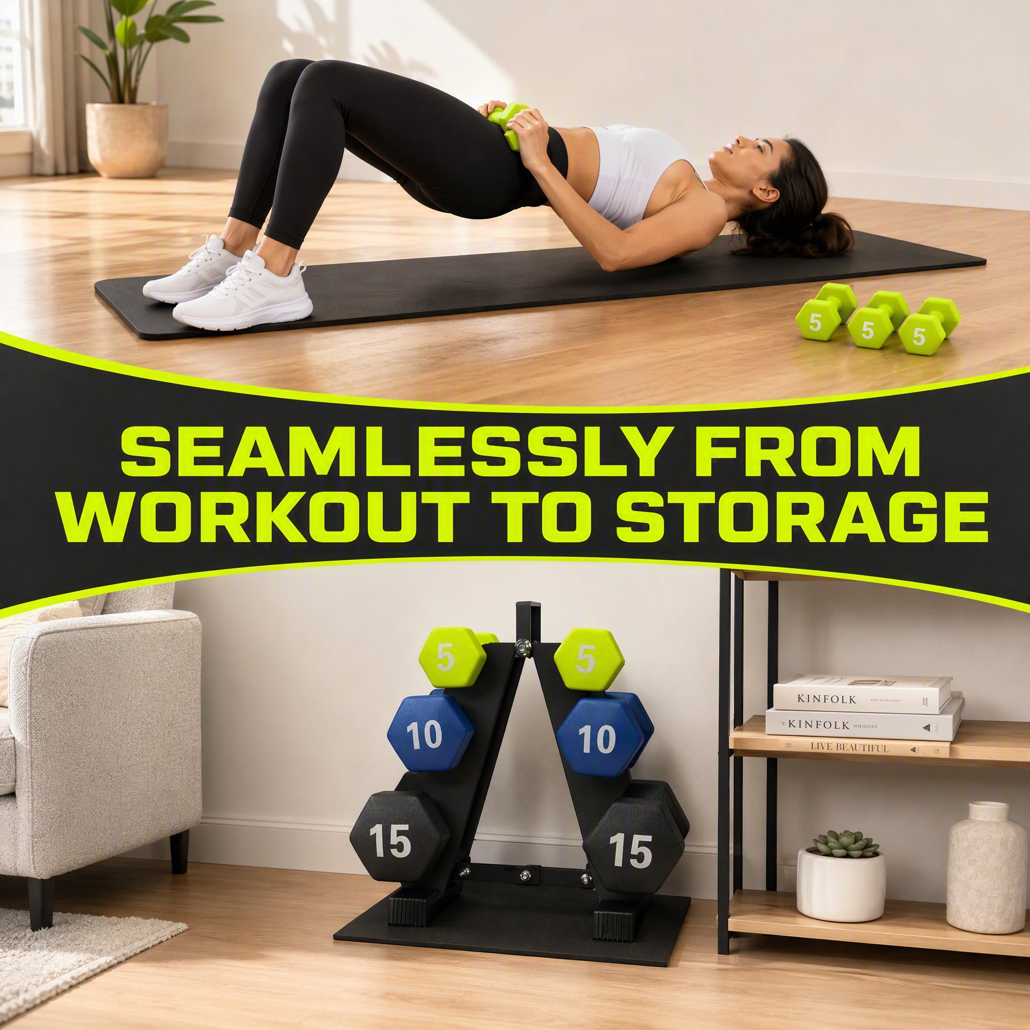 Aurorafy Neoprene Dumbbell Workout Set w/ Rack, 5lbs, 10lbs, & 15lbs, Multicolor