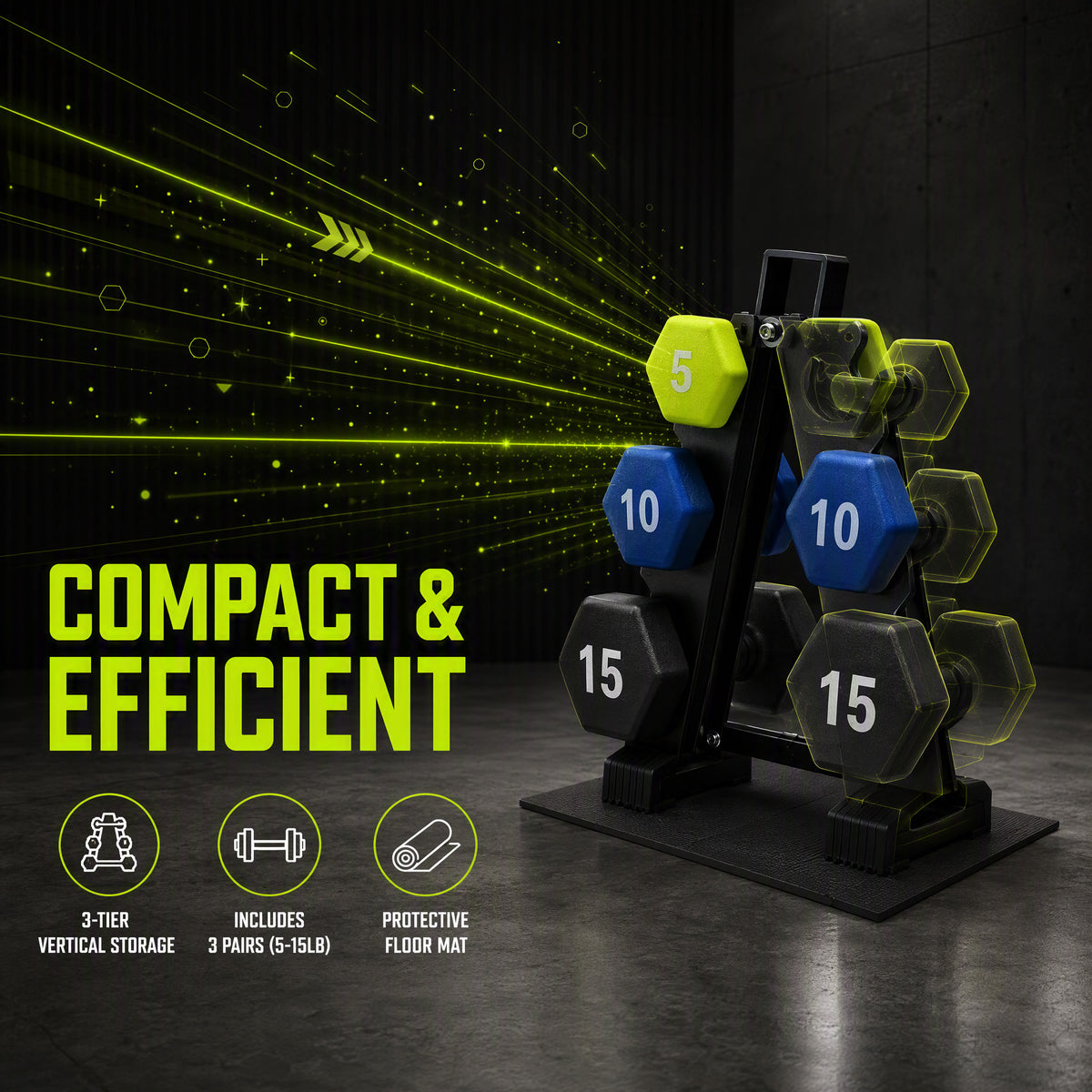 Aurorafy Neoprene Dumbbell Workout Set w/ Rack, 5lbs, 10lbs, & 15lbs, Multicolor