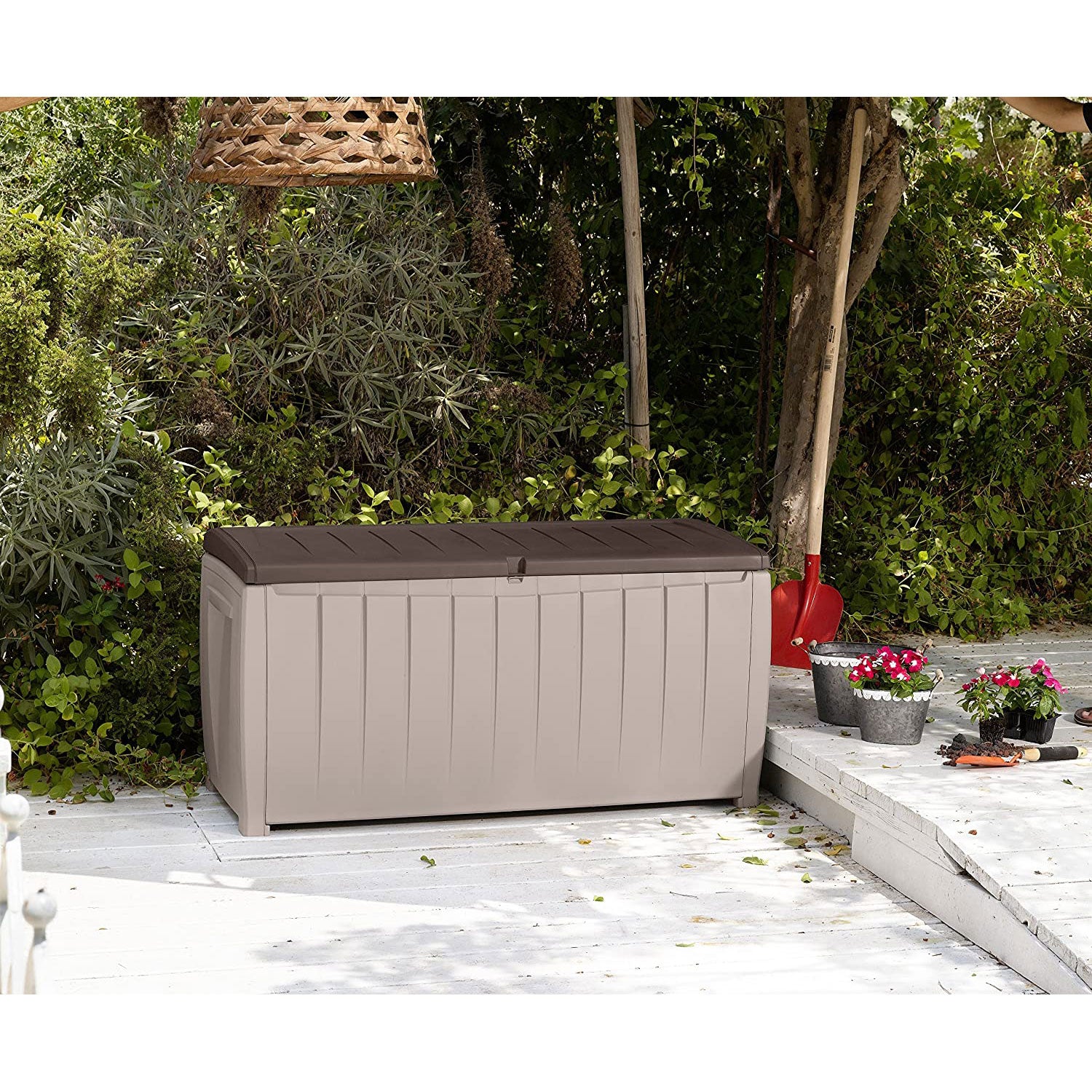 Keter Weatherproof Novel Large 90 Gallon Pool Storage Deck Box, Brown (Open Box) - VMInnovations