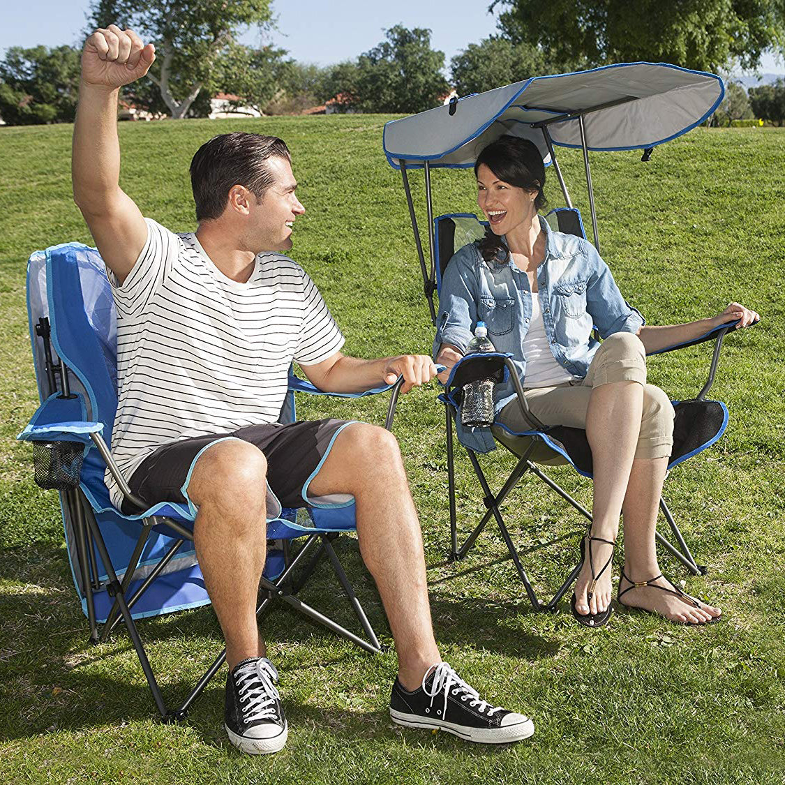 Kelsyus Original Camping Folding Lawn Chair with Canopy, Navy & Gray (Open Box)