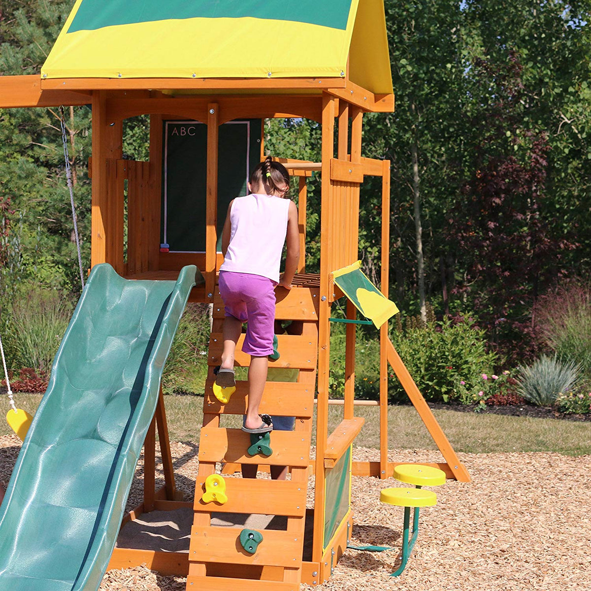 KidKraft Wooden Cedar Discovery Swing Set/ Playset with Climbing Wall (Open Box)