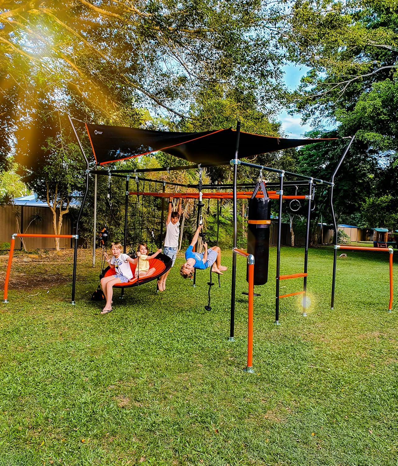 Monkey Bar Box A + Monkey Bar Box B + Monkey Bar Box C + Monkey Bar Box E + Monkey Bar Box F + Monkey Bar Box G + Cargo Net (XL/L) + Quest Shade Cover (Large) + Bungee Rope + Bounce Swing only (no bungee) + Gym Rope - VMInnovations