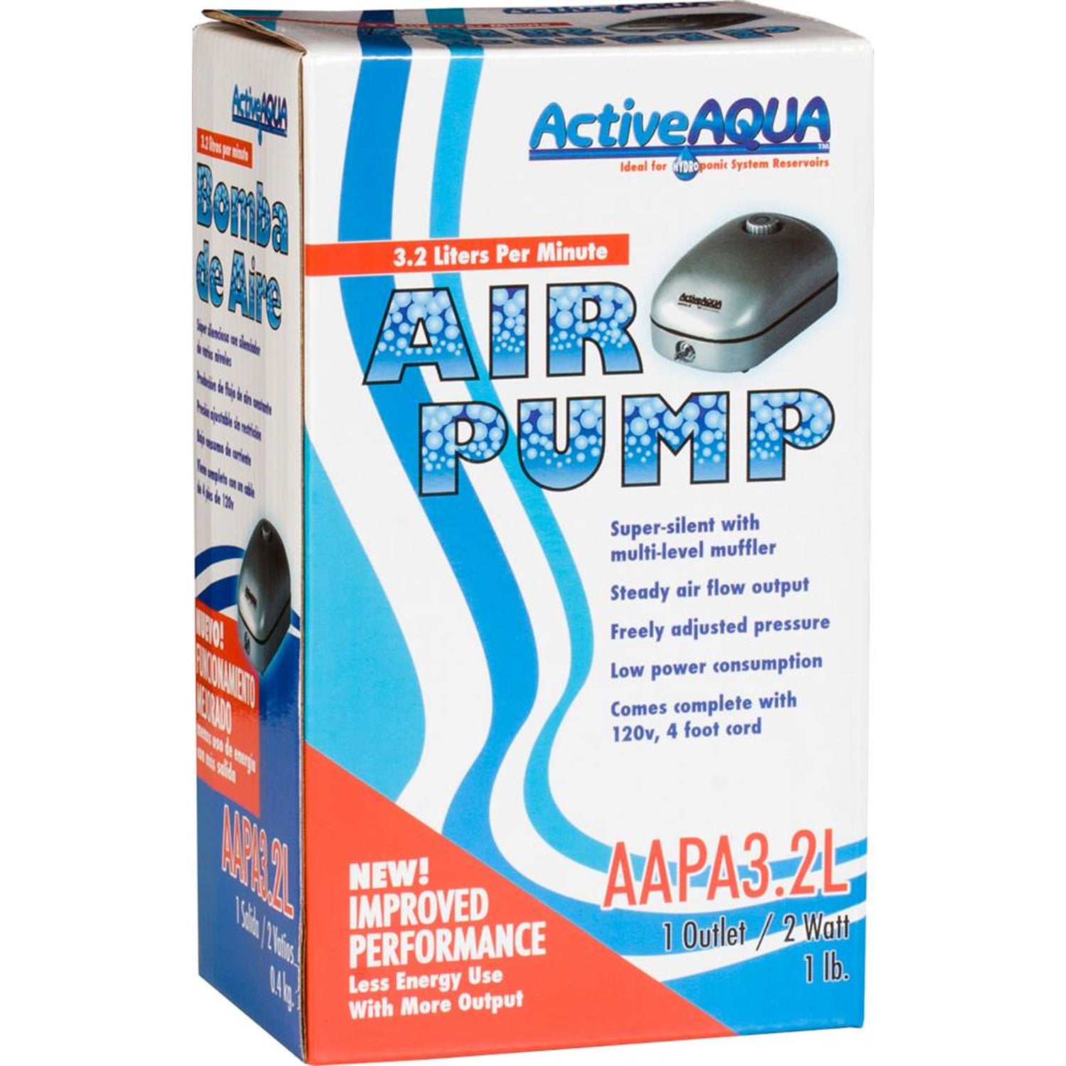 Active Aqua 2 Watt 3.2 LPM 50 GPH 120 Volt Single Outlet Aquaponics Air Pump (Refurbished)