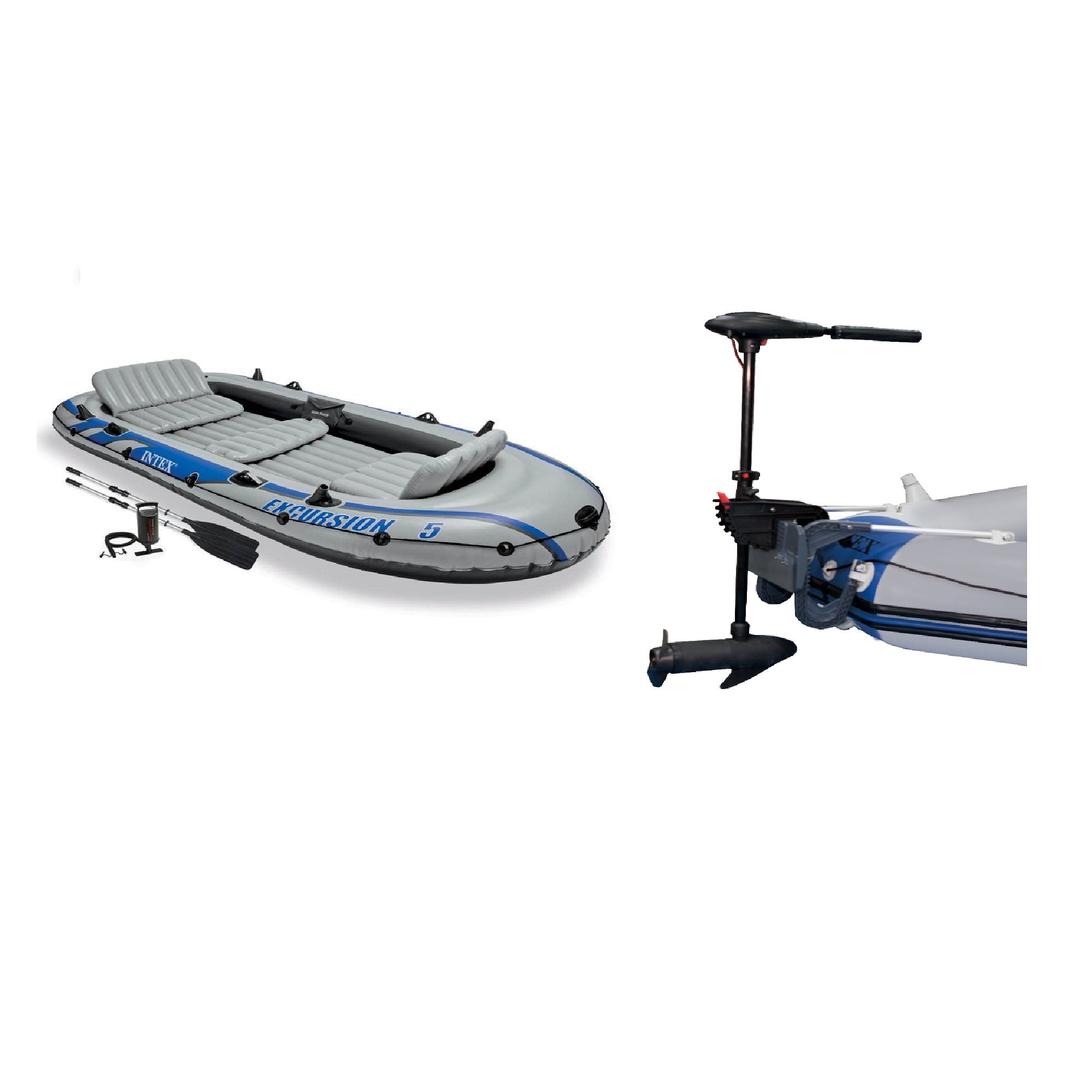 Intex Excursion 5 Inflatable Fishing Boat Set with Transom Mount Trolling Motor - VMInnovations