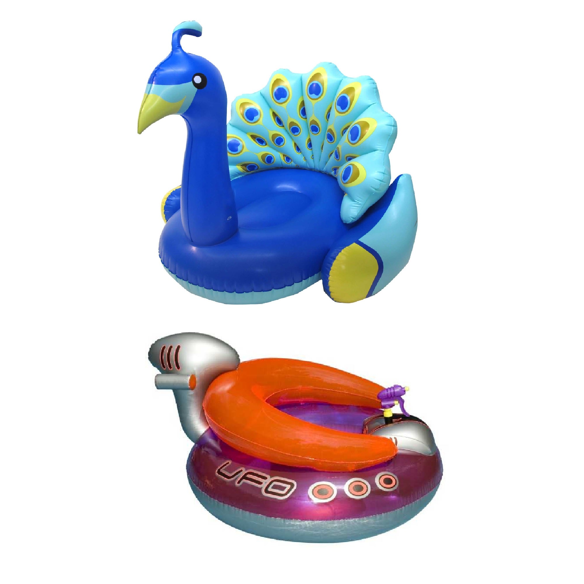 Swimline Peacock Giant Pool Float & UFO Lounge Chair Float w/ Squirt Gun