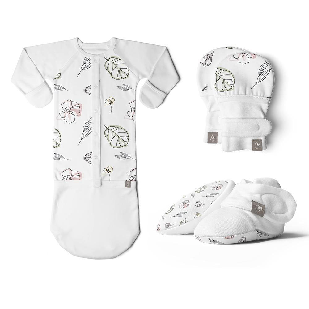 Goumikids Organic Baby Gown, Mitts, and Booties Bundle, 0-3M Abstract Floral - VMInnovations