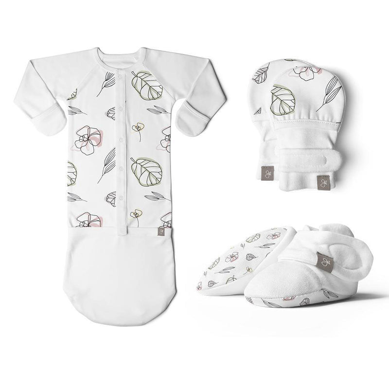 Goumikids Organic Baby Gown, Mitts, and Booties Bundle, 0-3M Abstract Floral