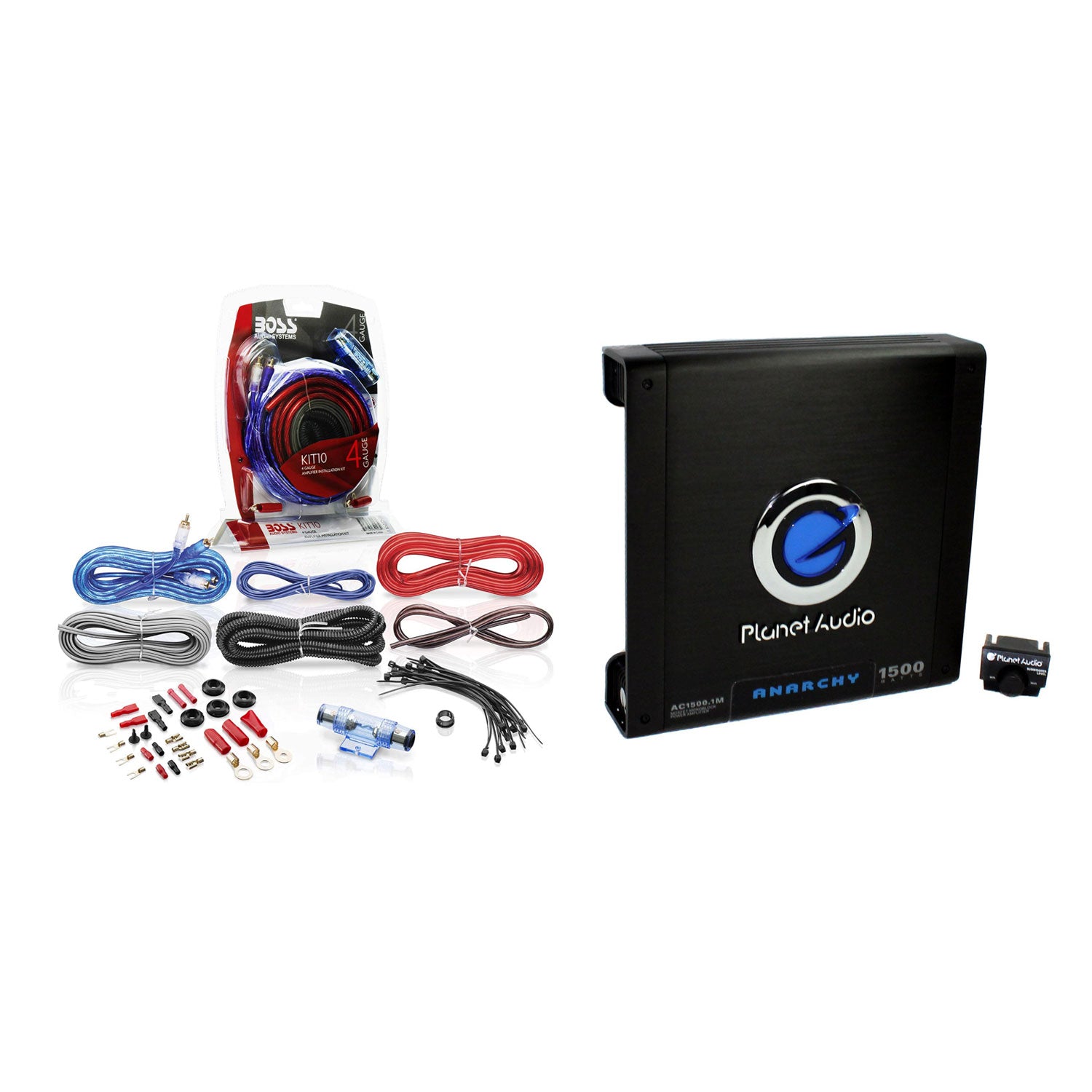 Planet Audio AC15001M Car Audio Amplifier with Remote & BOSS 4 Gauge Wiring Kit - VMInnovations